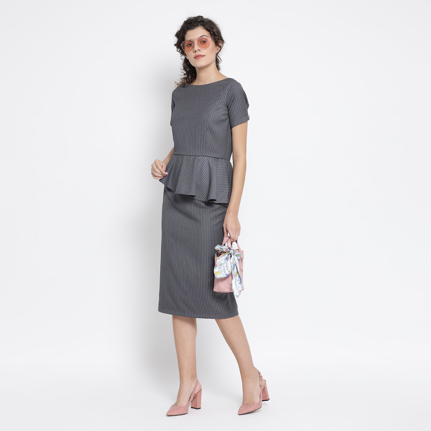 Grey Stripe Peplum Long Office Wear Dresses for Women-3