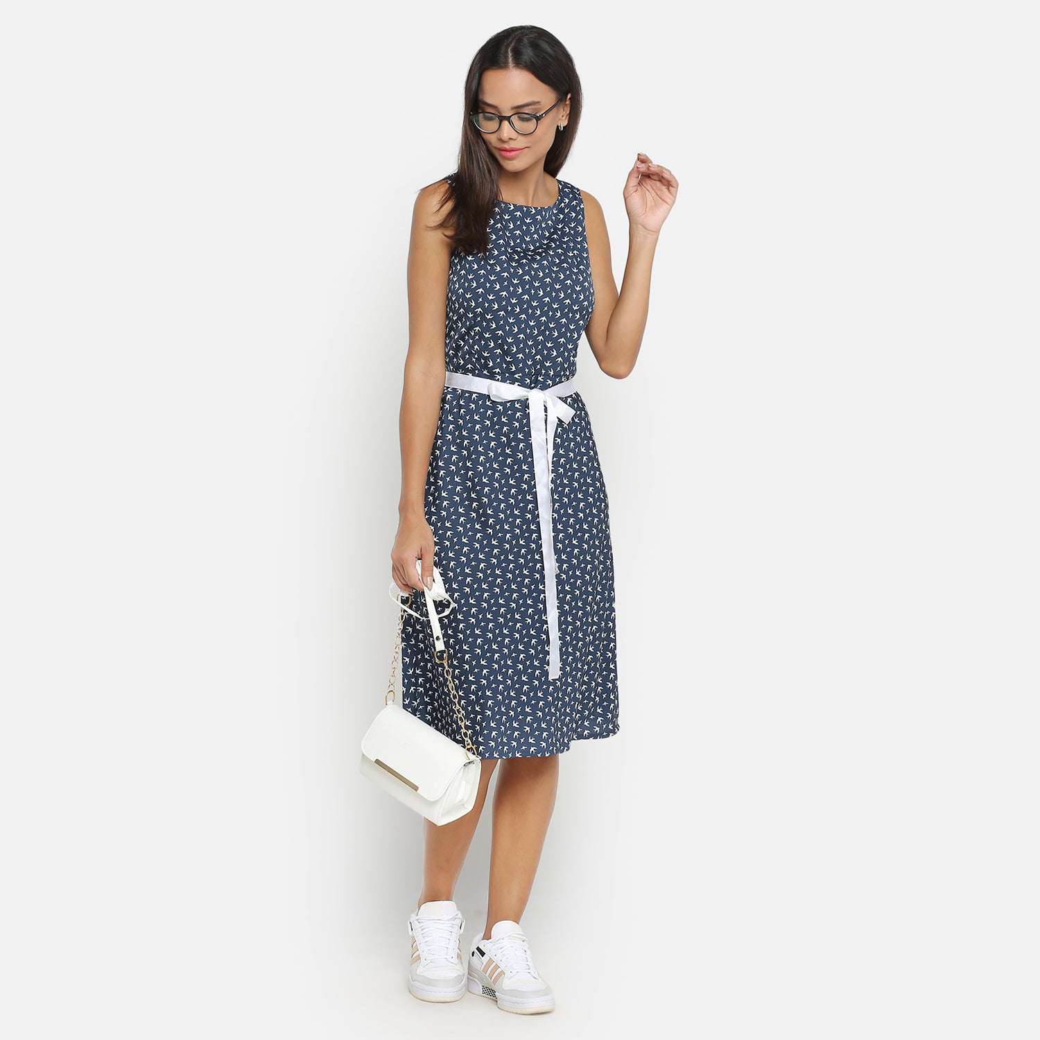 Blue Bird Printed Sleeveless Dress With White Belt