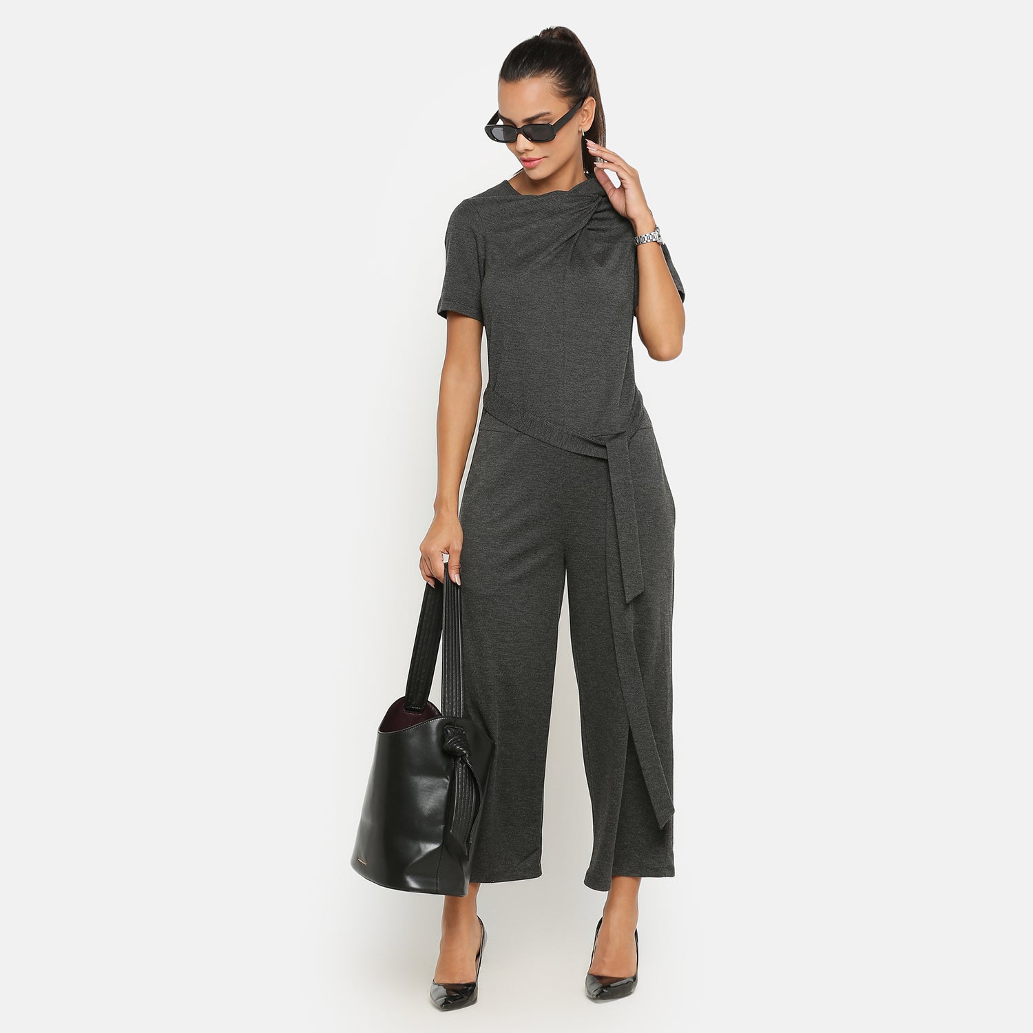 Dark Grey Drape Jumpsuit With Knit