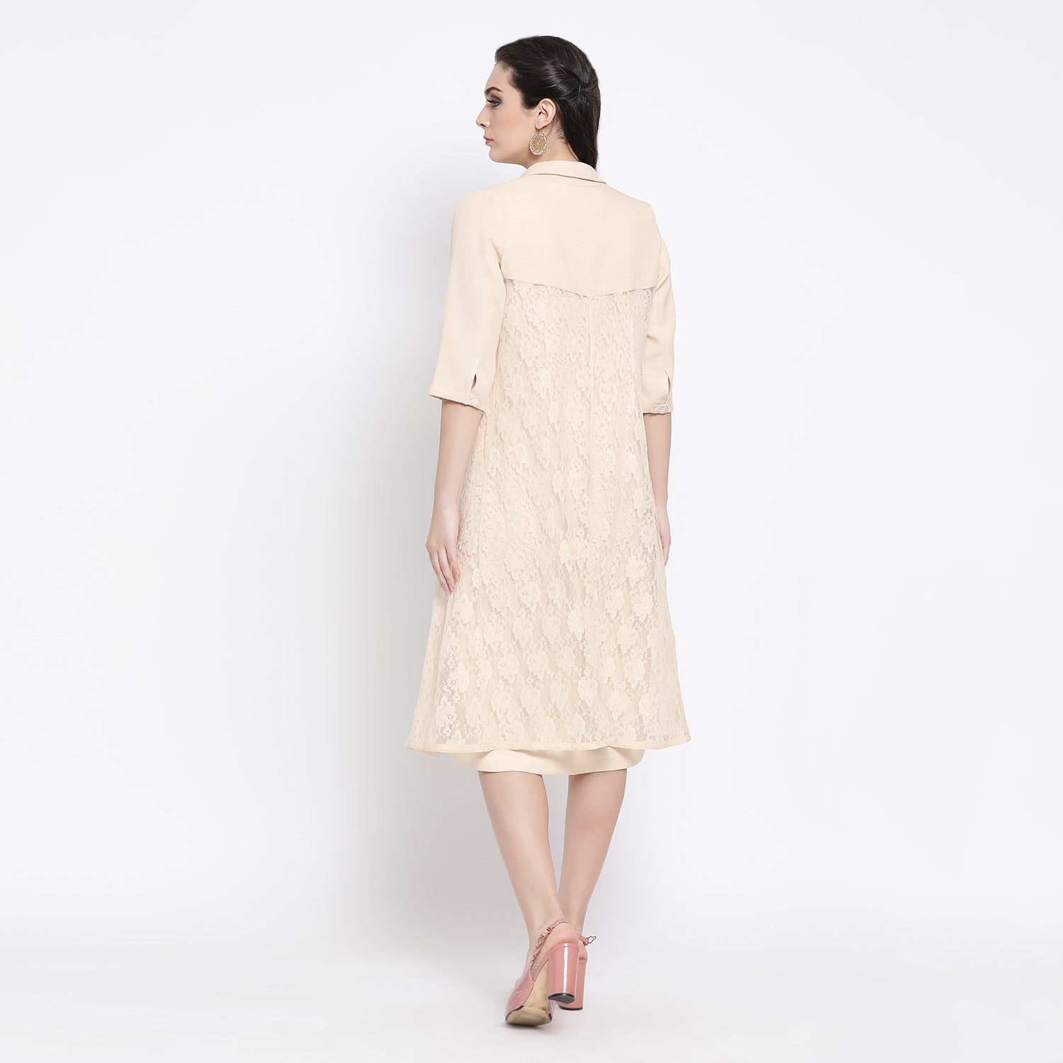 Off White Silk Linen With Flower Net Jacket