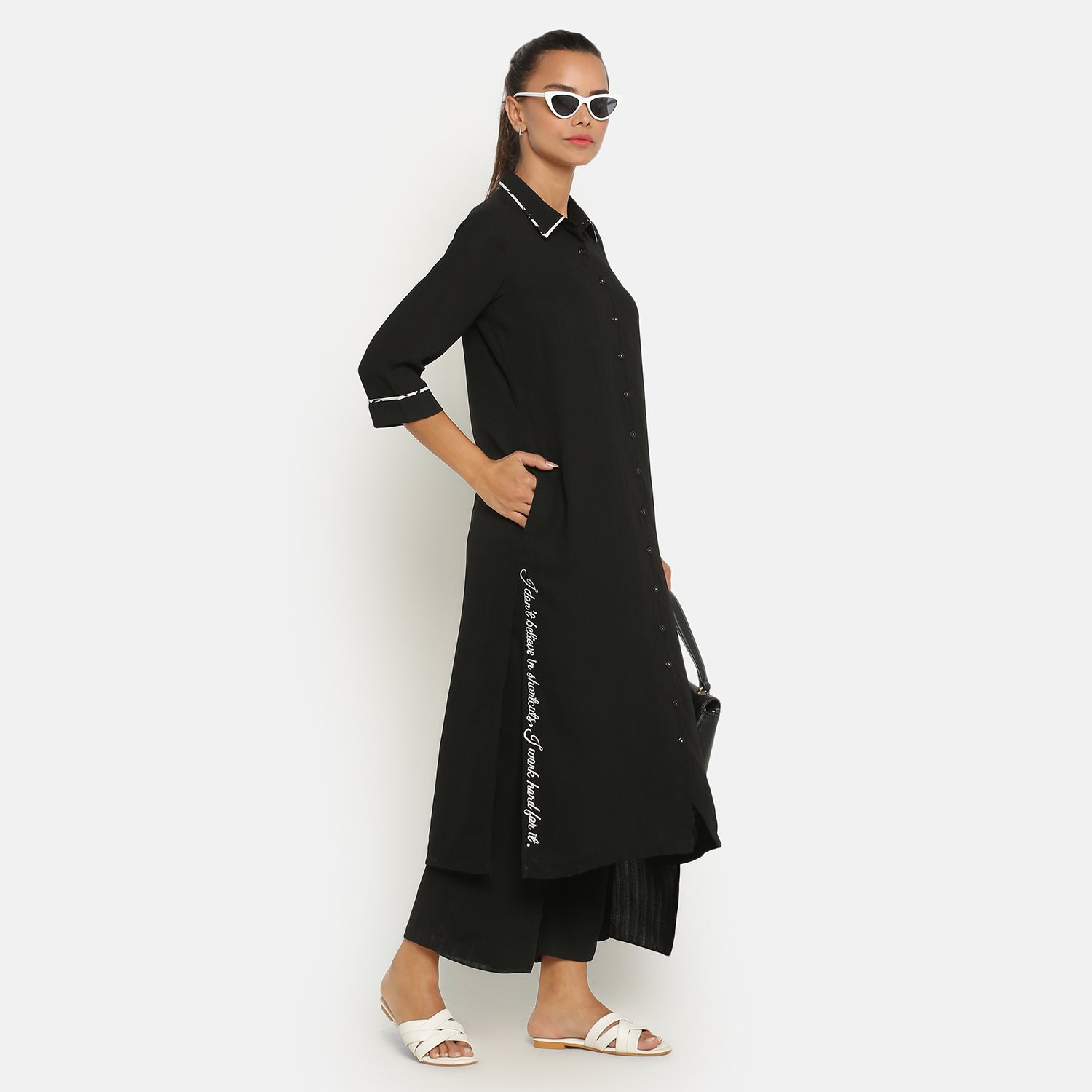 Black Shirt Collar Kurta for Women
