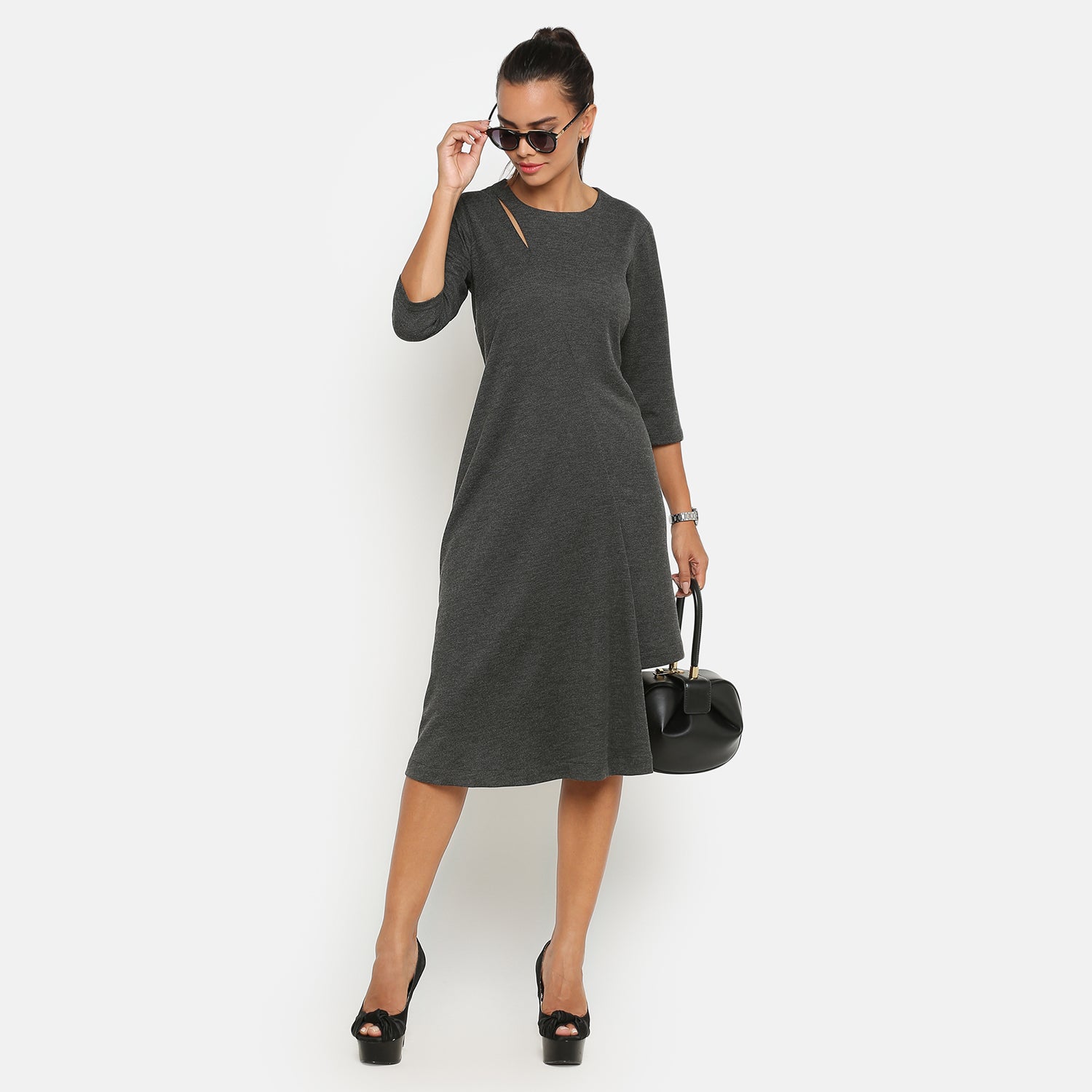 Dark Grey Knit Keyhole Asymmetric Dresses for Ladies