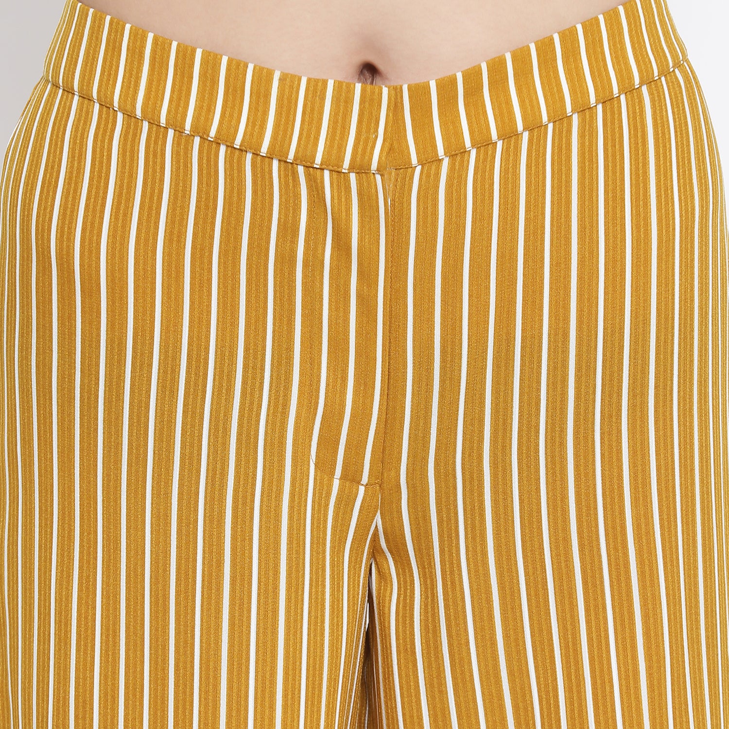 Yellow & White Stripe Crepe Trouser for Women-4