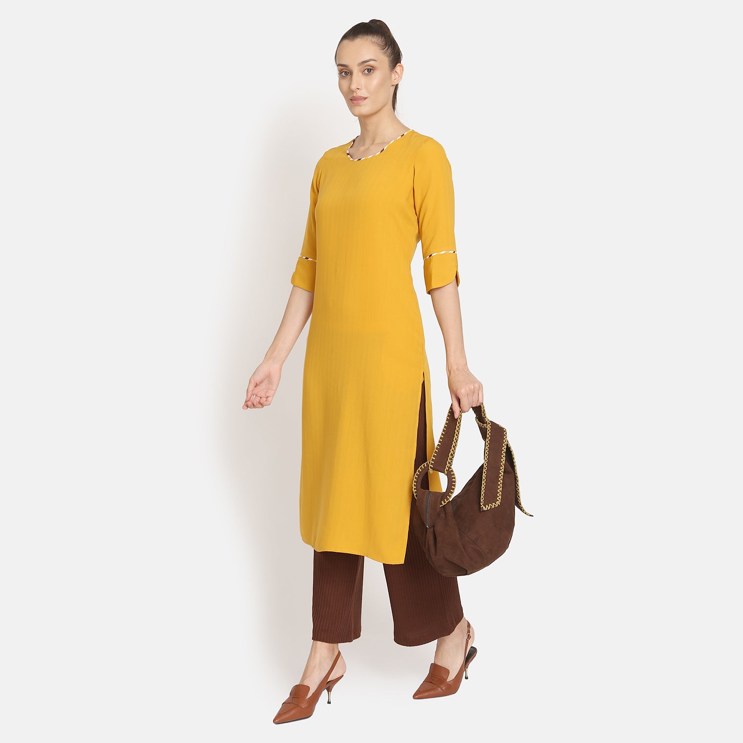 Yellow Round Neck Kurta for Women