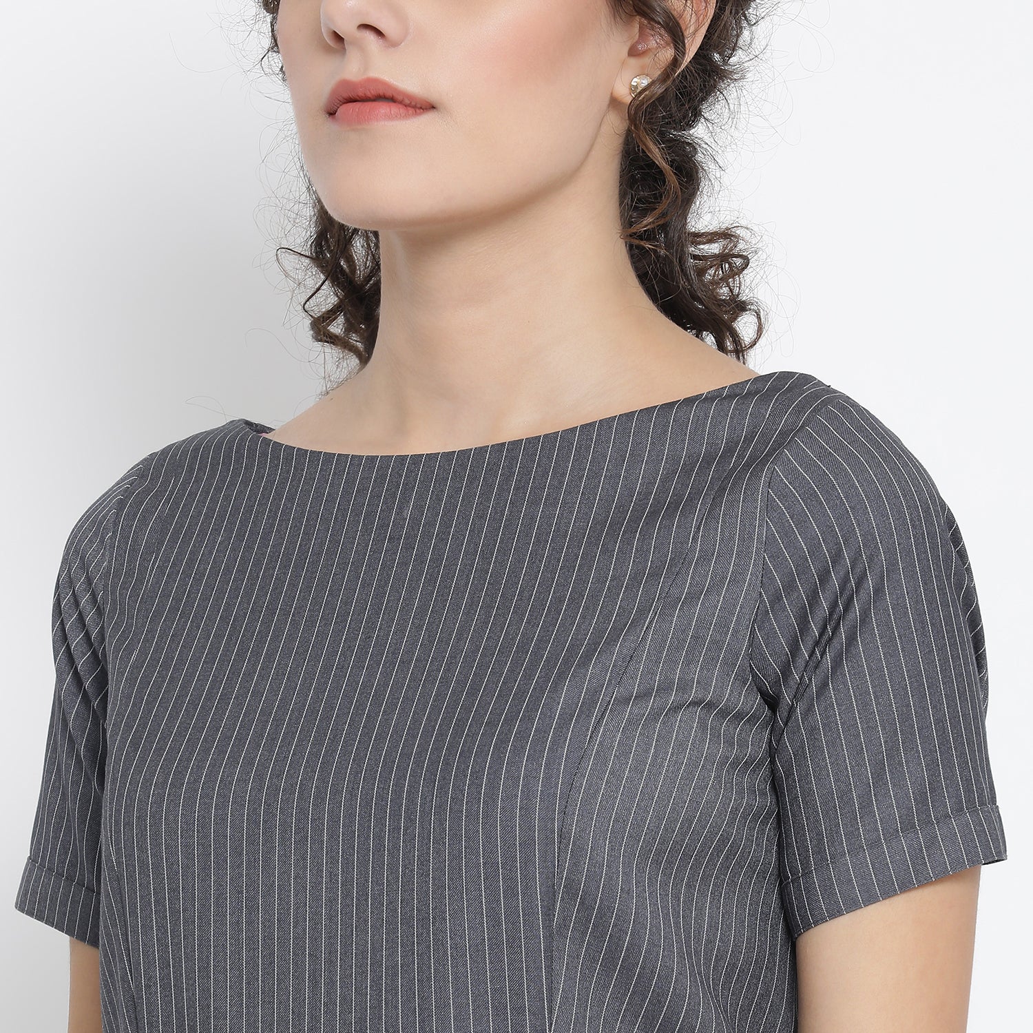 Grey Stripe Peplum Long Office Wear Dresses for Women-4