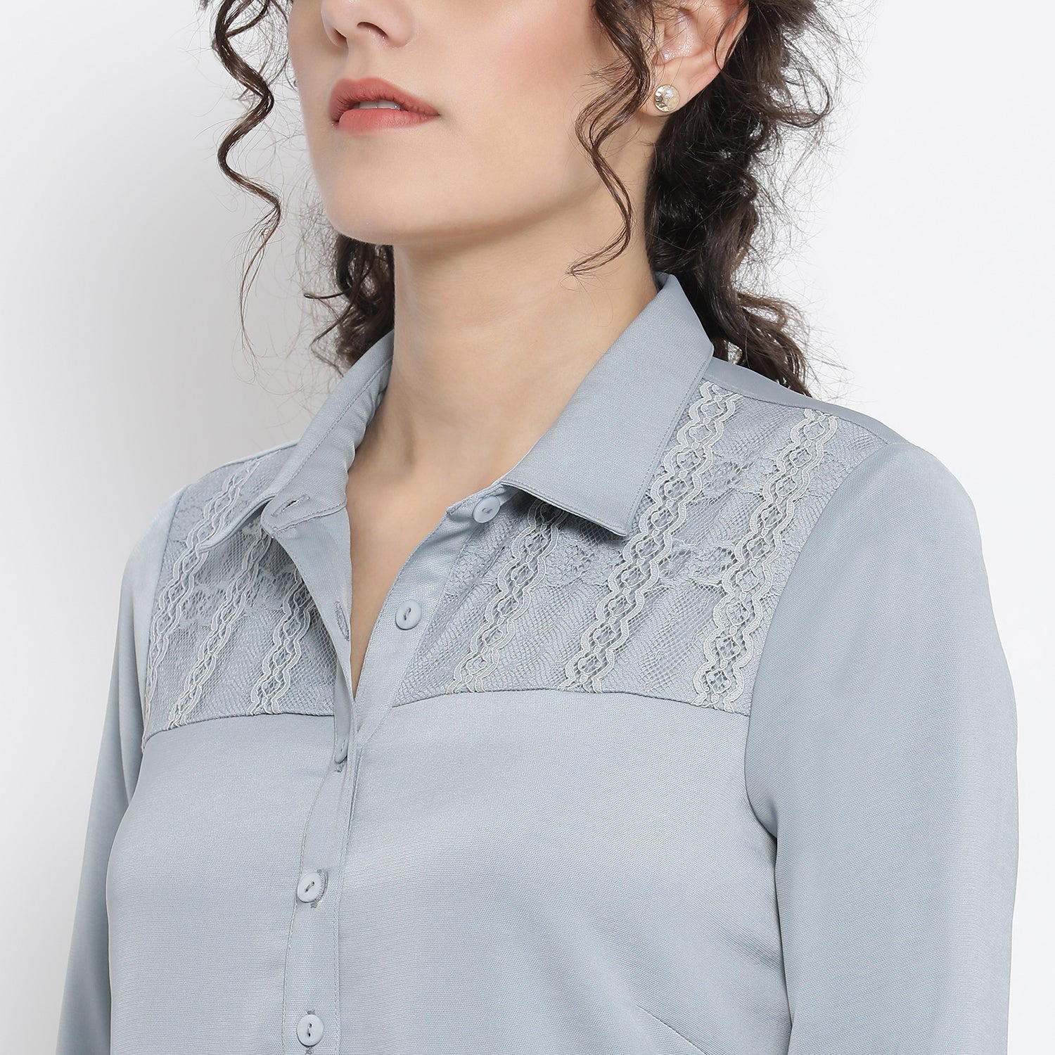Buy Women Blue Shirt with French Lace-5