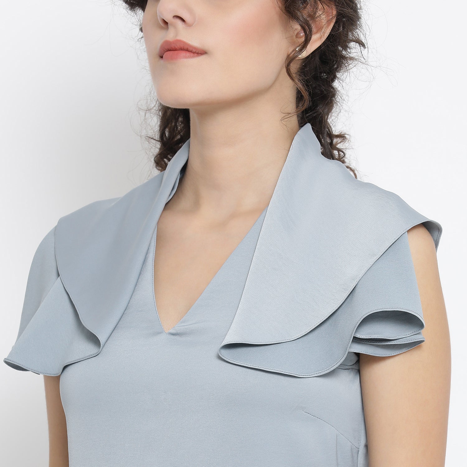 Blue Drape Sleeve Women Dresses for Office Wear-5