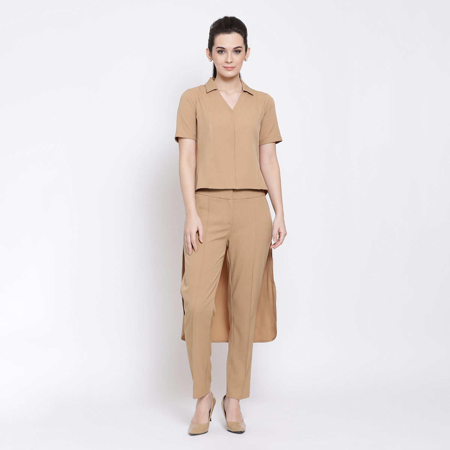 Beige Asymmetric Shirt for Women-1