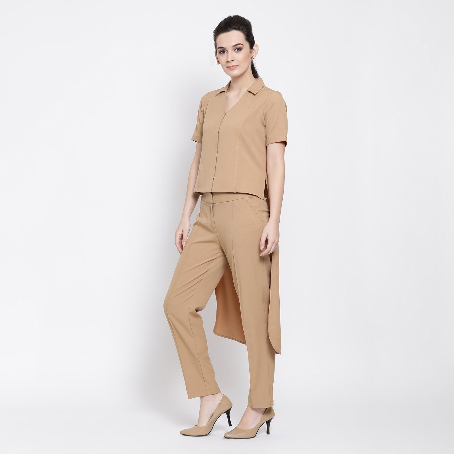 Beige Asymmetric Shirt for Women-2