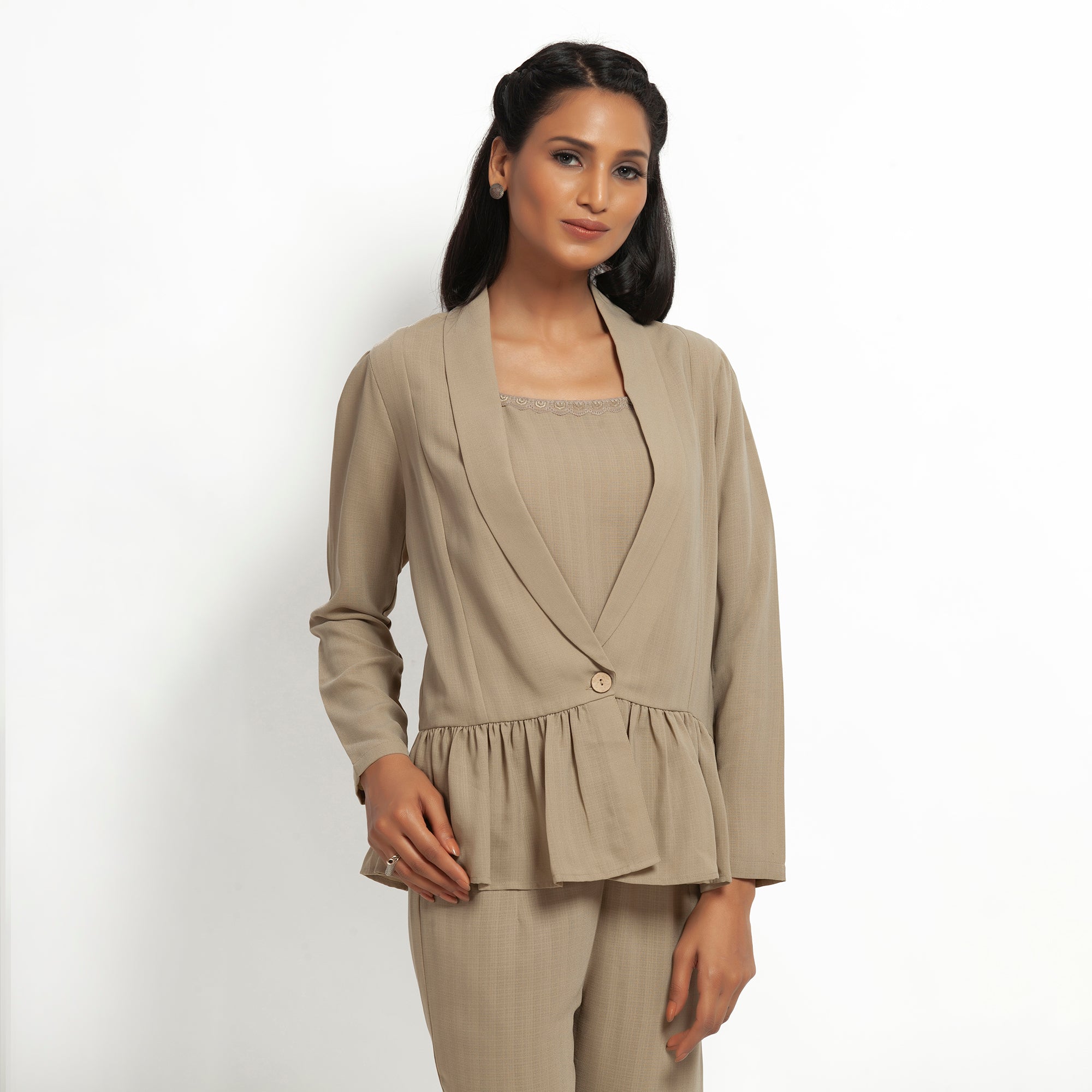 Beige Jacket with Gathers for Women-3