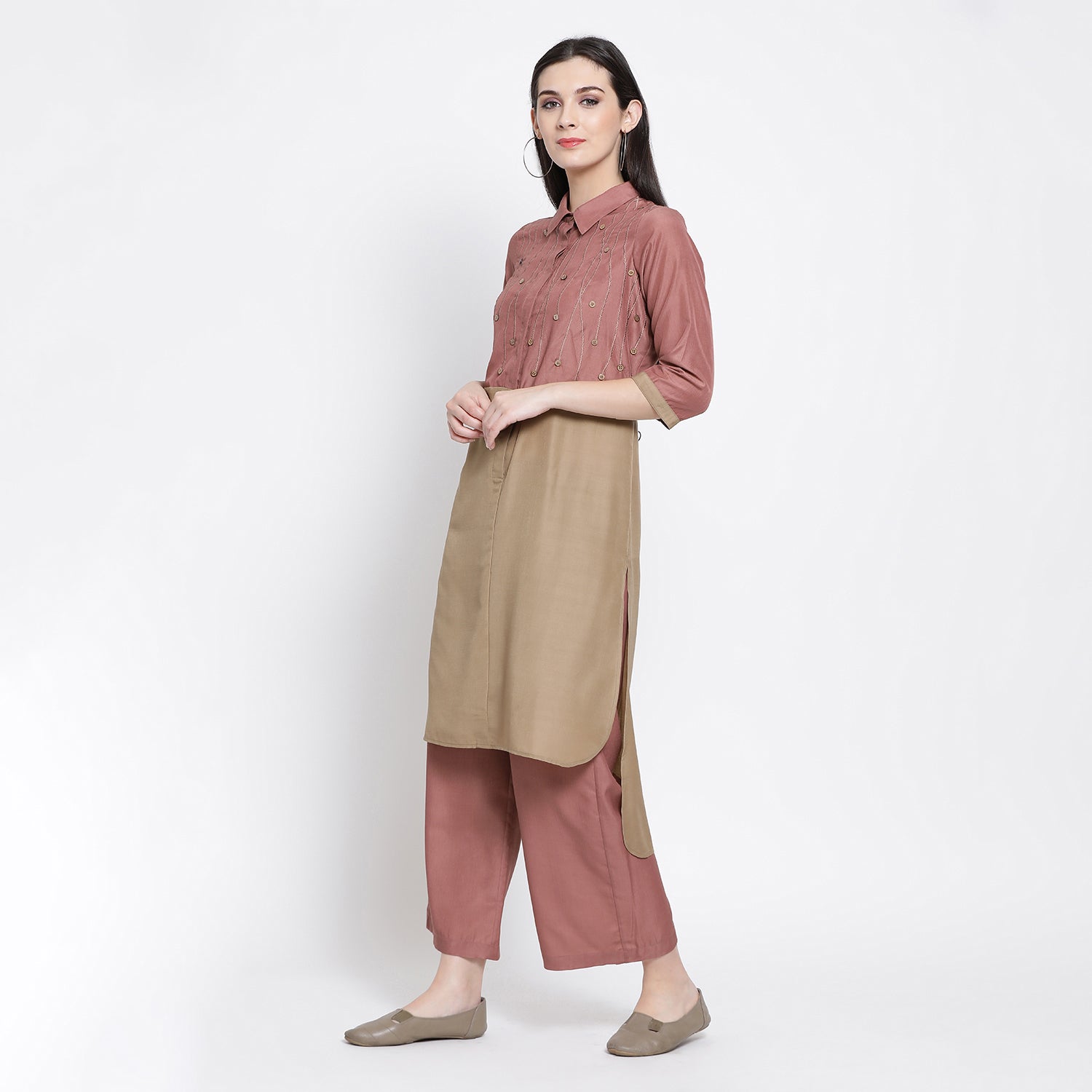 Beige & Peach Long Shirt for Women-1