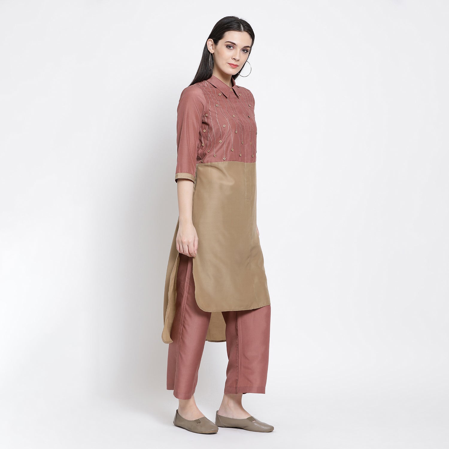 Beige & Peach Long Shirt for Women-2