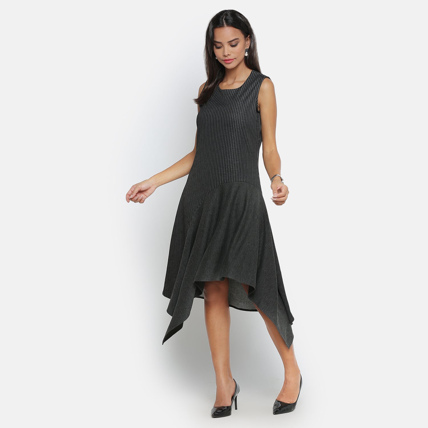 Black Line & Dark Grey Asymmetric Dresses for Women-3