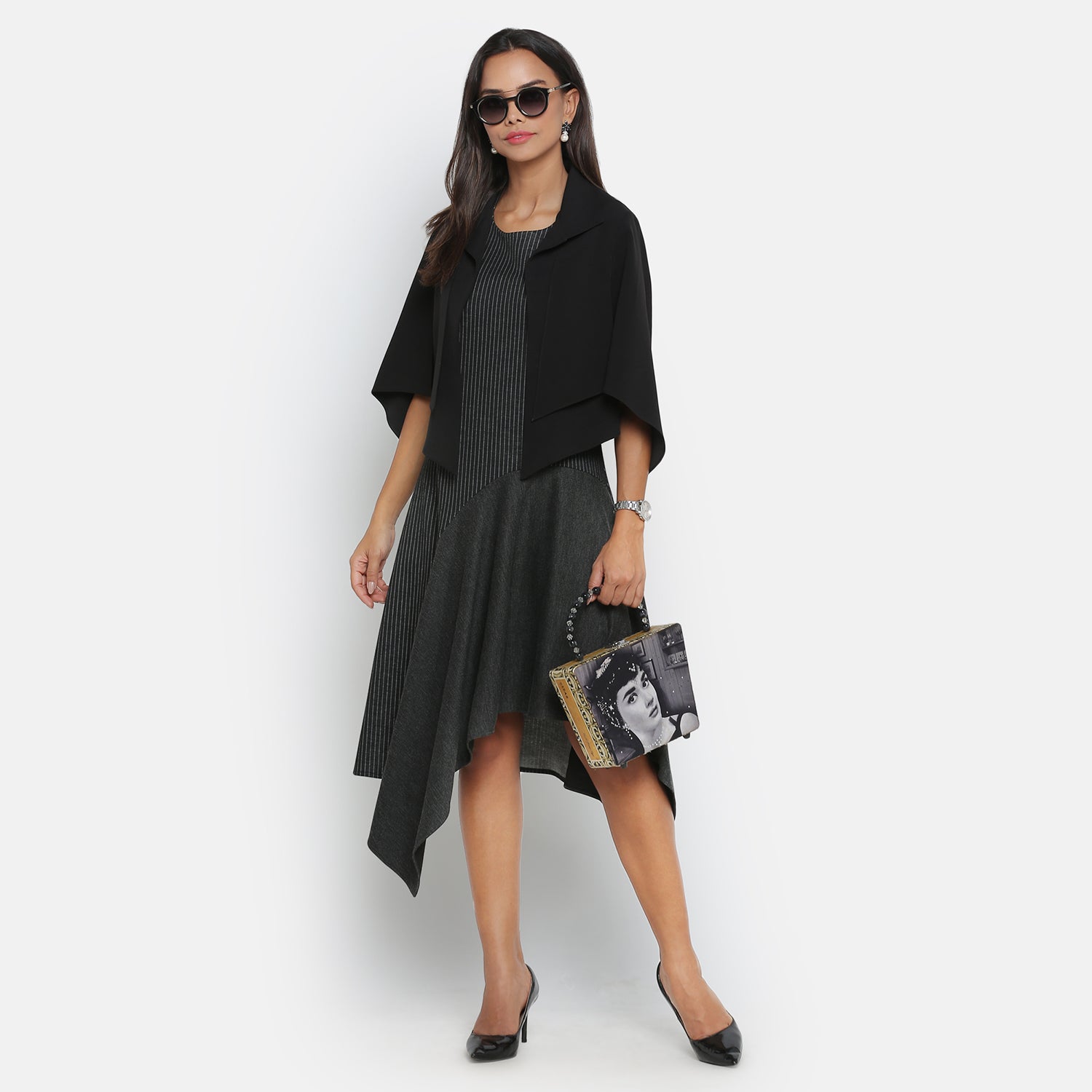 Black Line & Dark Grey Asymmetric Dresses for Women