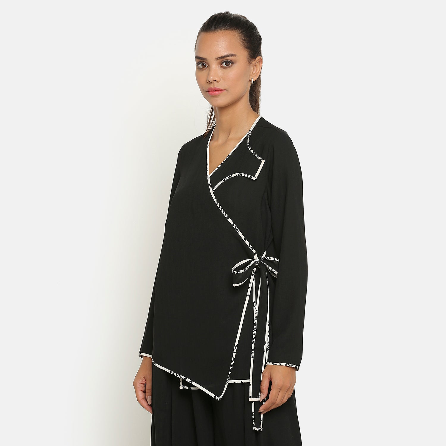 Black Overlap Jacket with Side Knot for Women-2