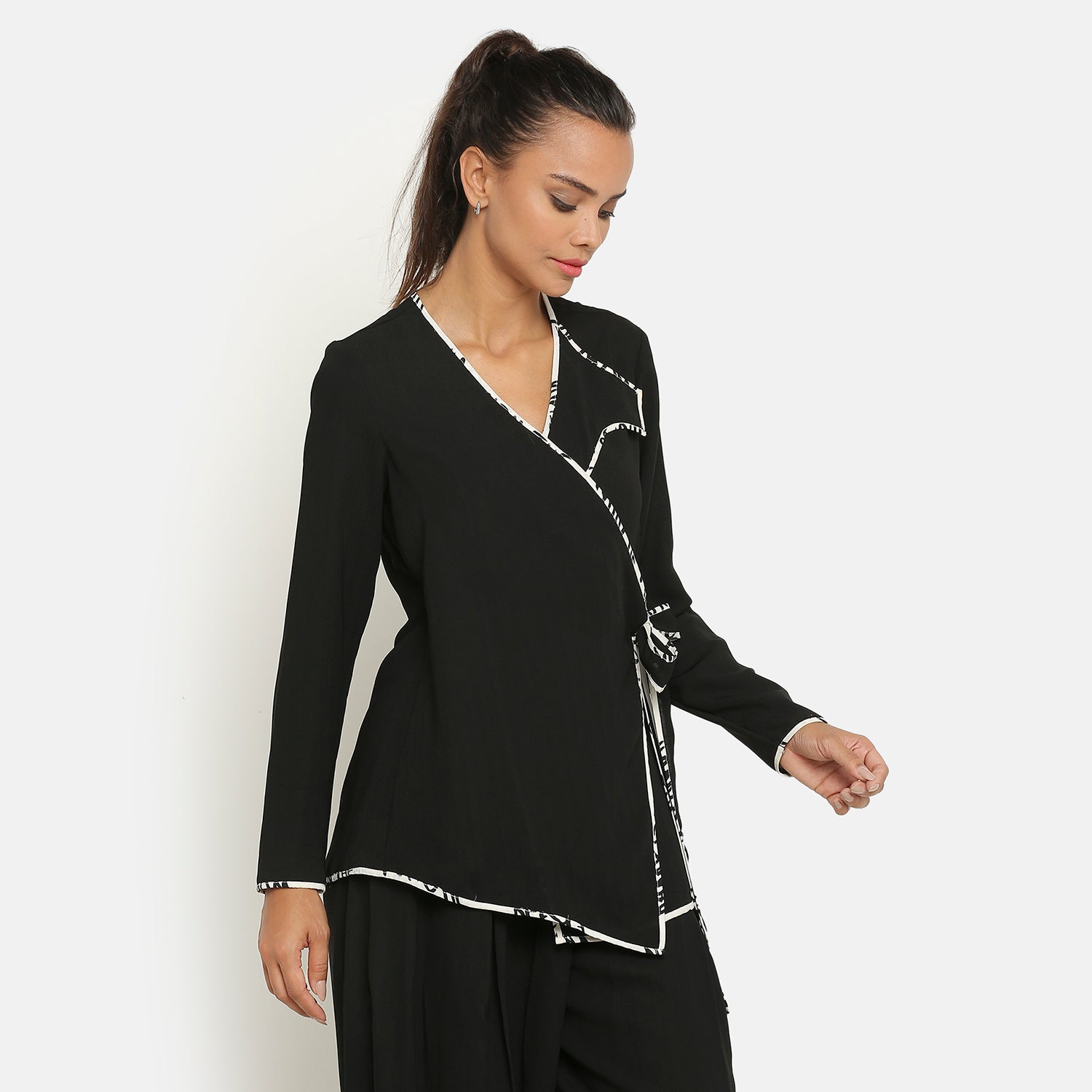 Black Overlap Jacket with Side Knot for Women-3