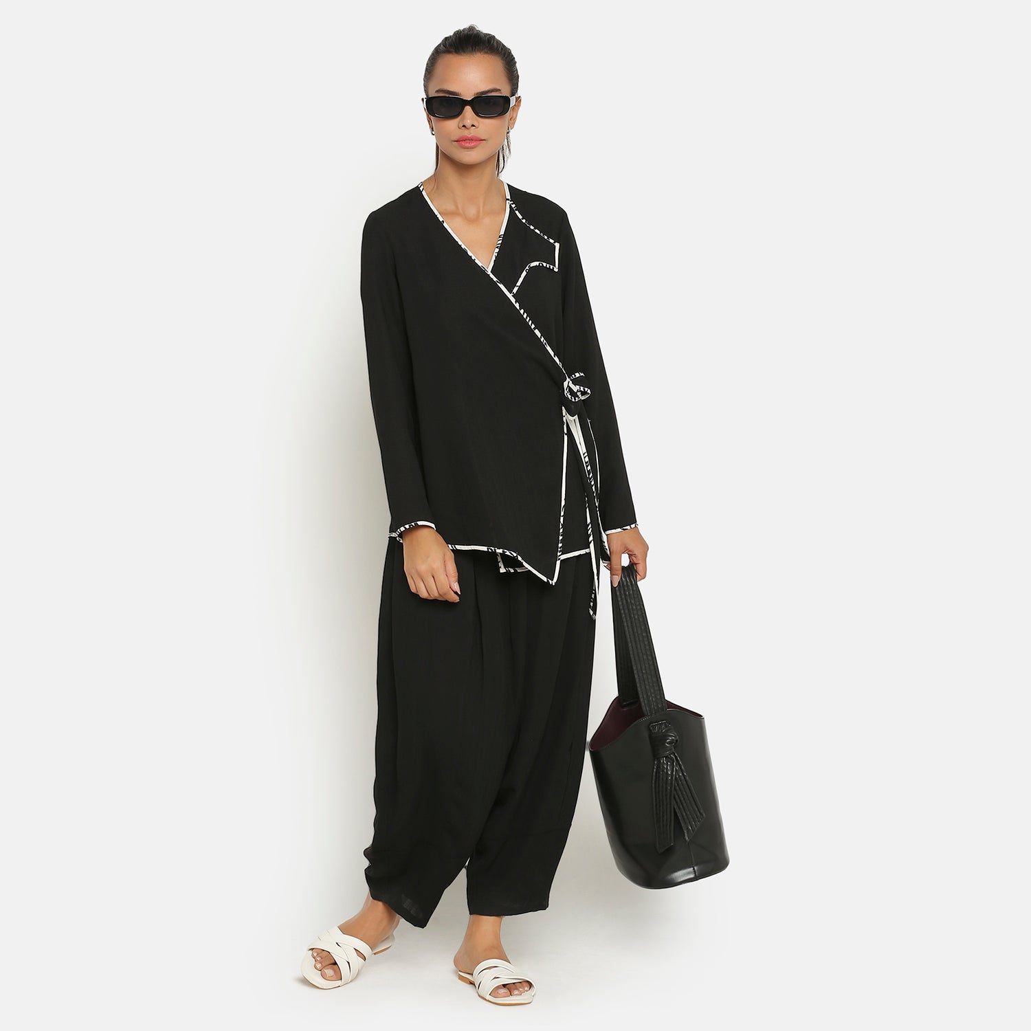 Black Overlap Jacket with Side Knot for Women-5