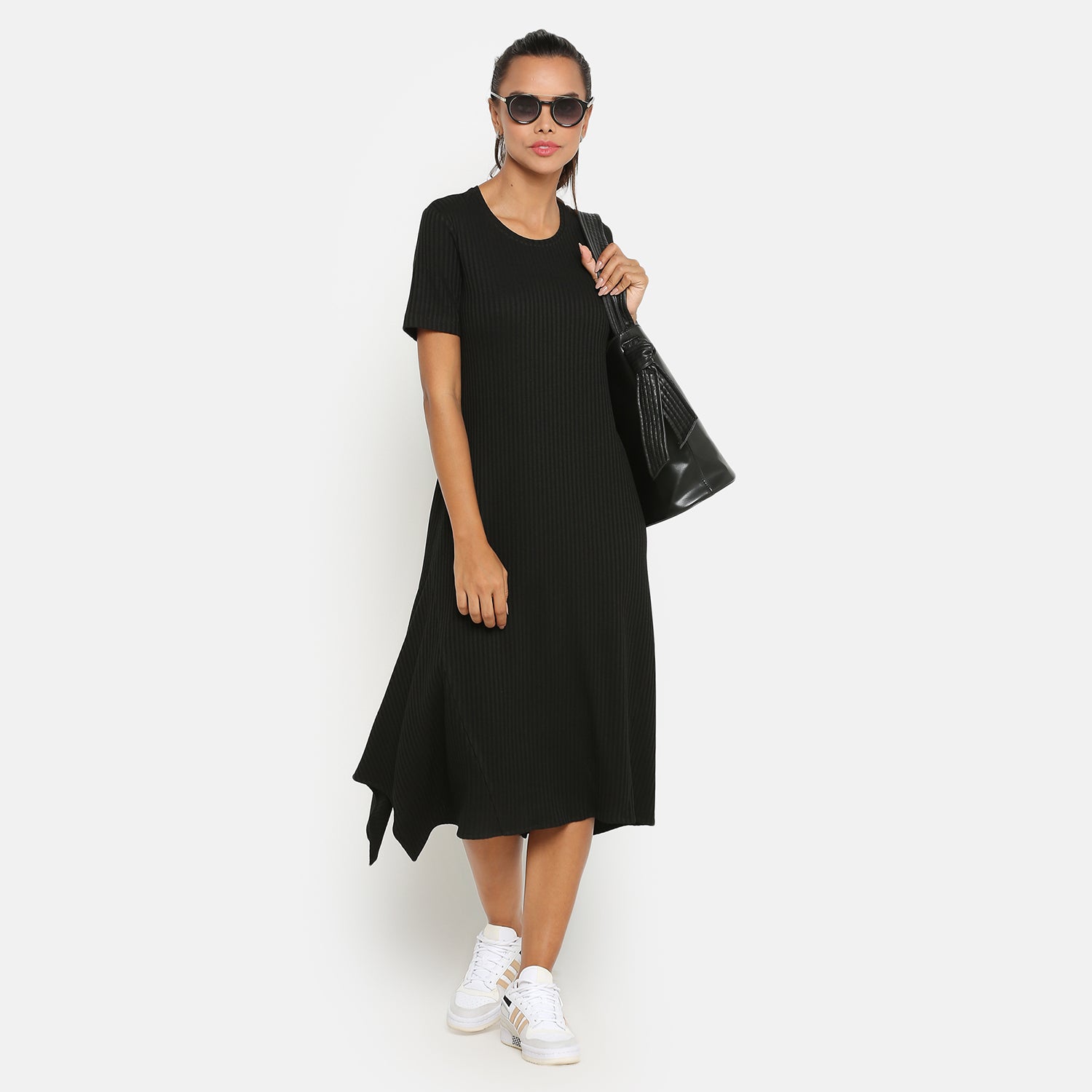 Black Ribbed Asymmetrical Dresses for Women