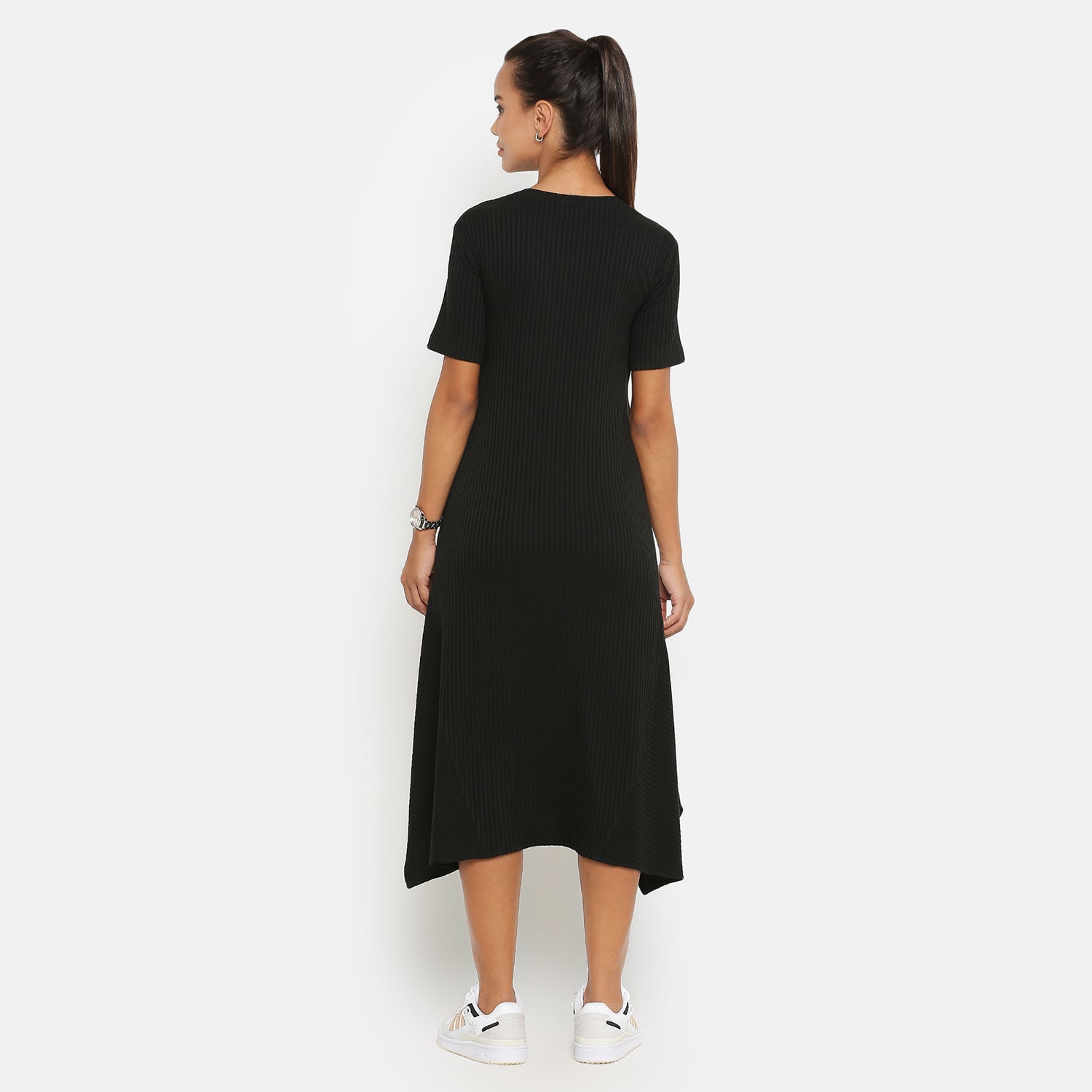 Black Ribbed Asymmetrical Dresses for Women-2