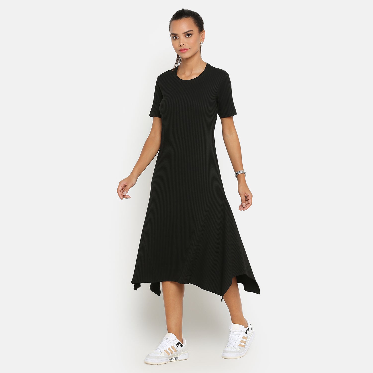 Black Ribbed Asymmetrical Dresses for Women-3