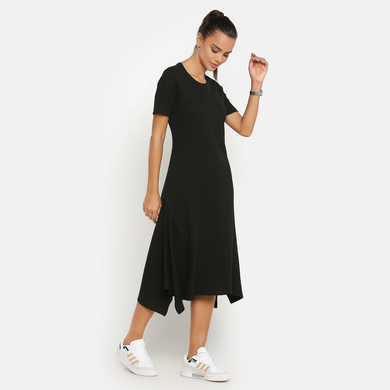 Black Ribbed Asymmetrical Dresses for Women-4