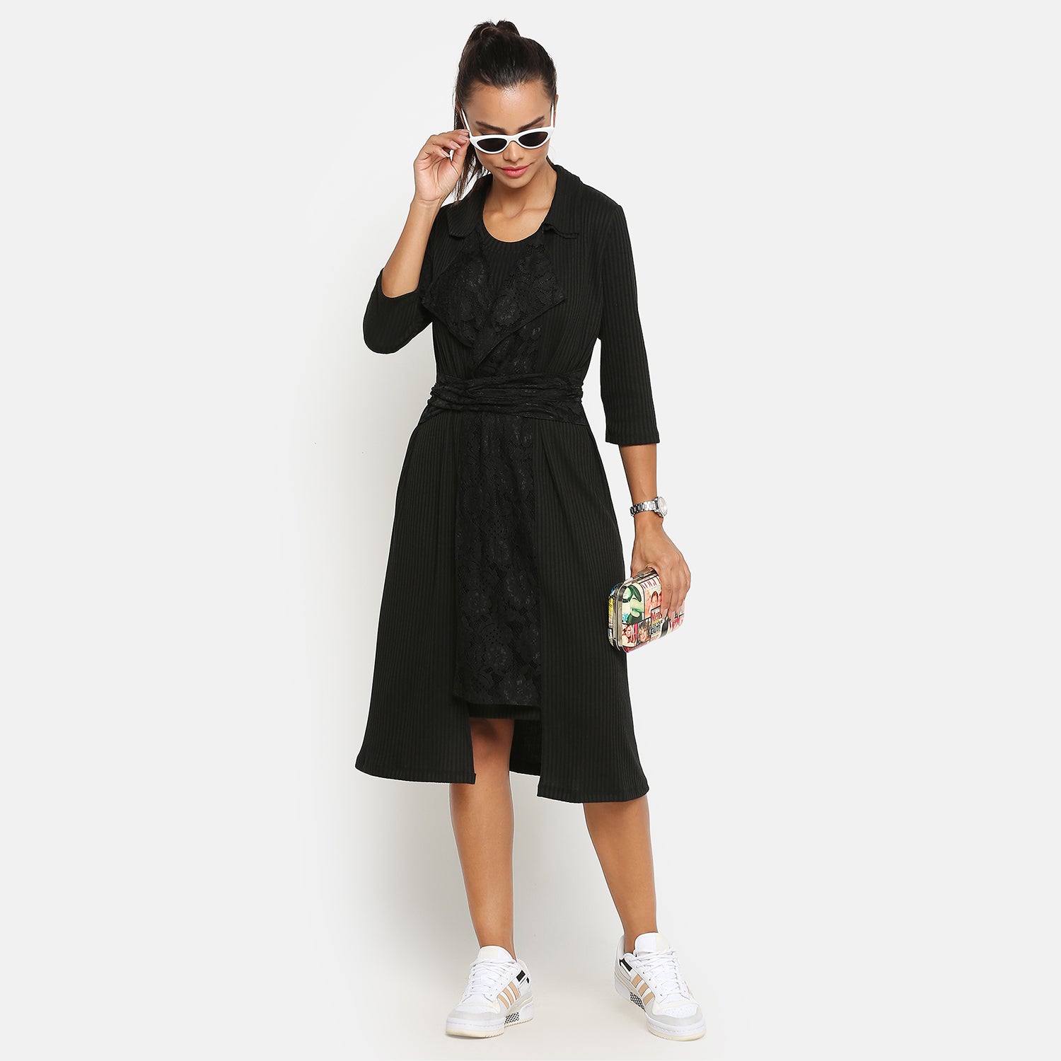 Black Ribbed Long Shrug for Women