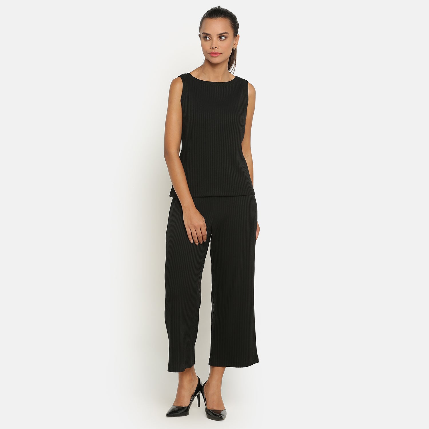 Buy Black Ribbed Plazzo for Women-6