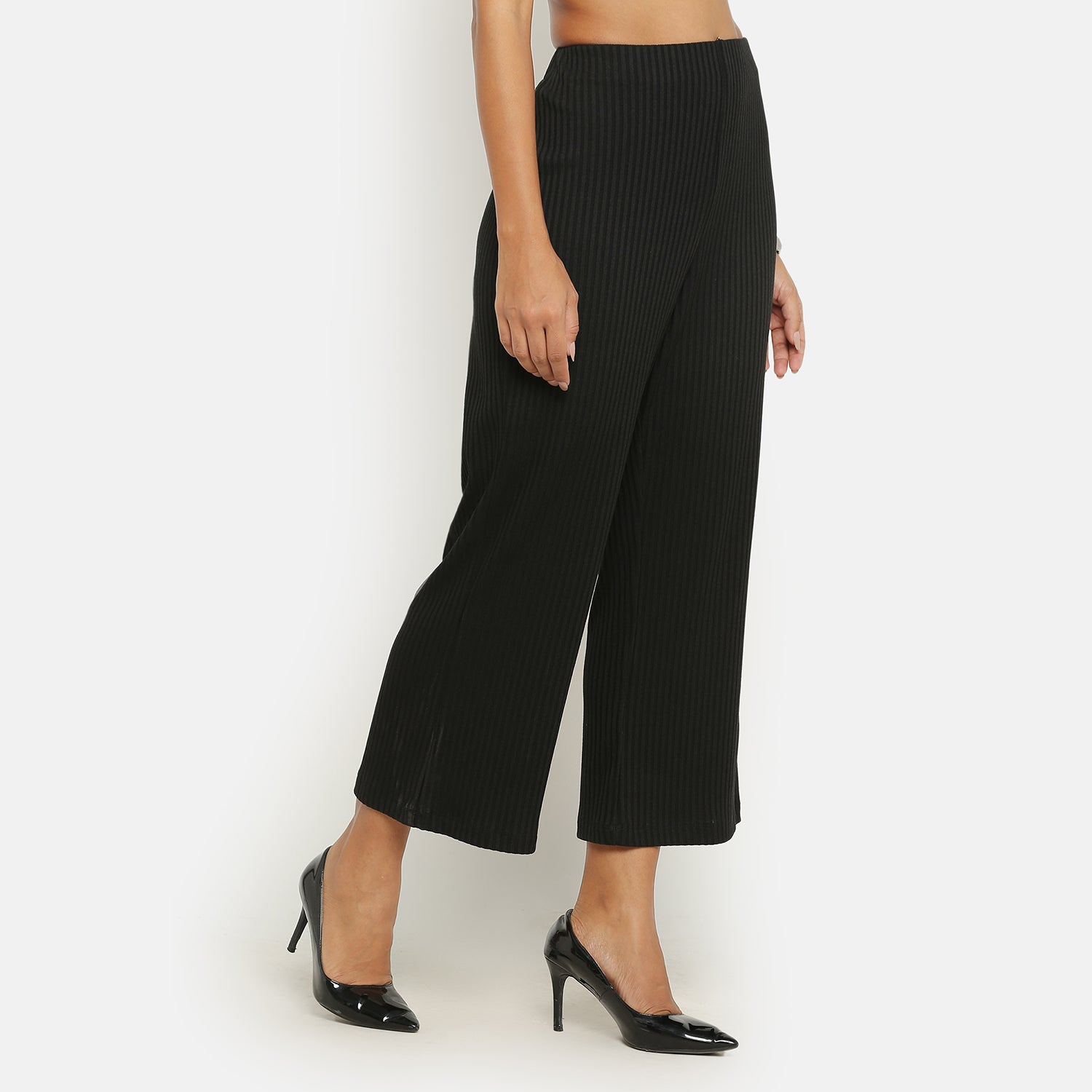 Buy Black Ribbed Plazzo for Women-3
