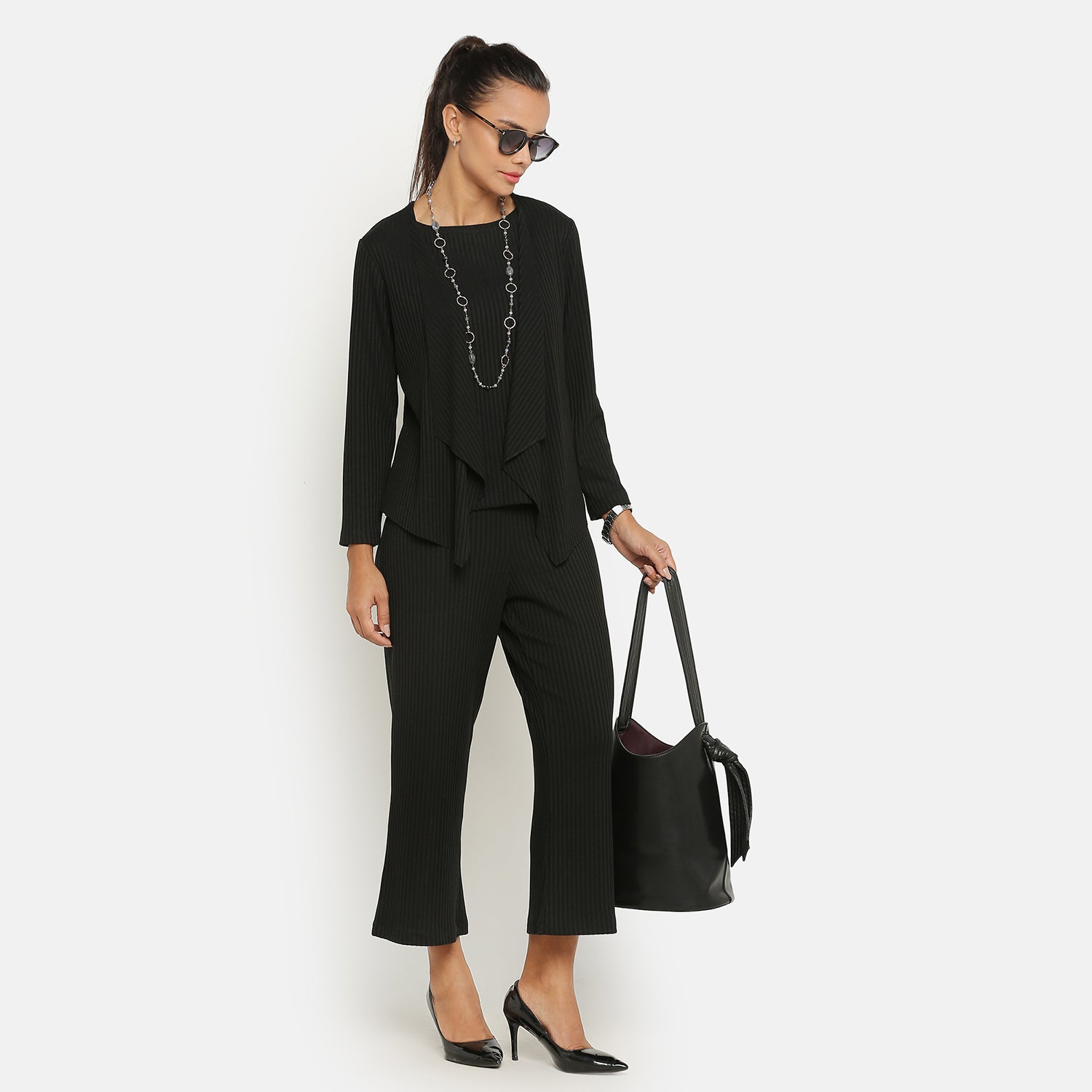 Buy Black Ribbed Plazzo for Women-5