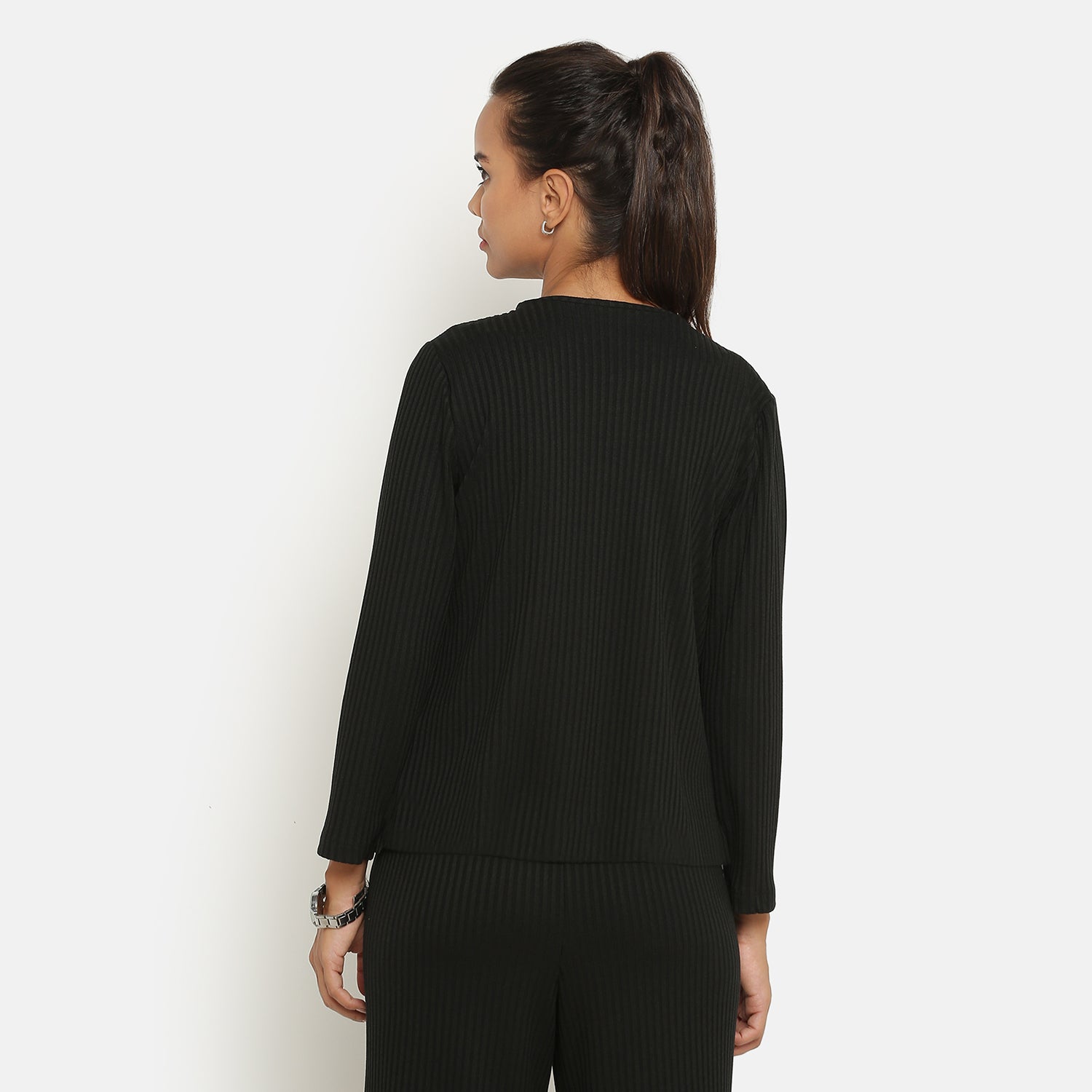 Black Ribbed Short Shrug for Women-1