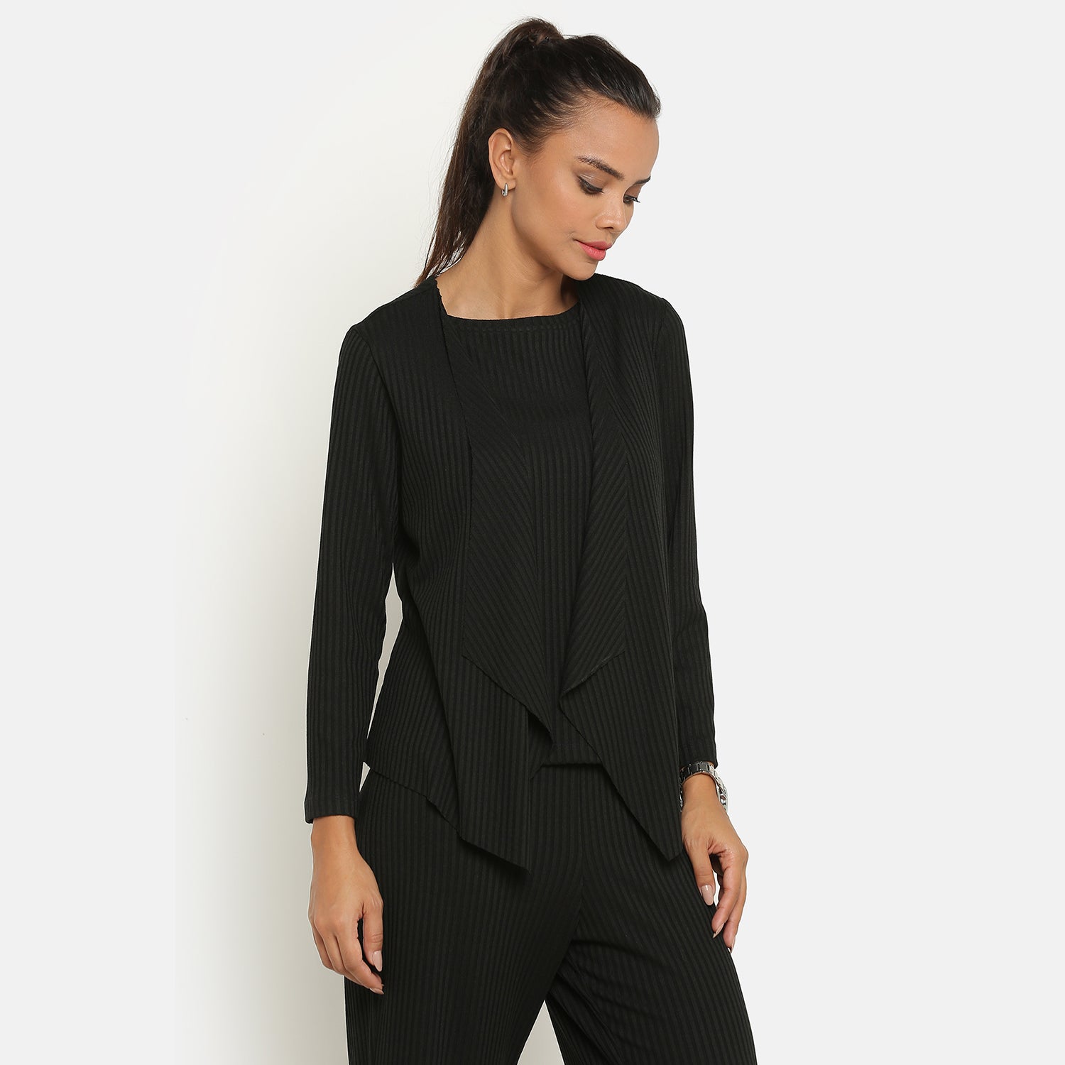 Black Ribbed Short Shrug for Women-3