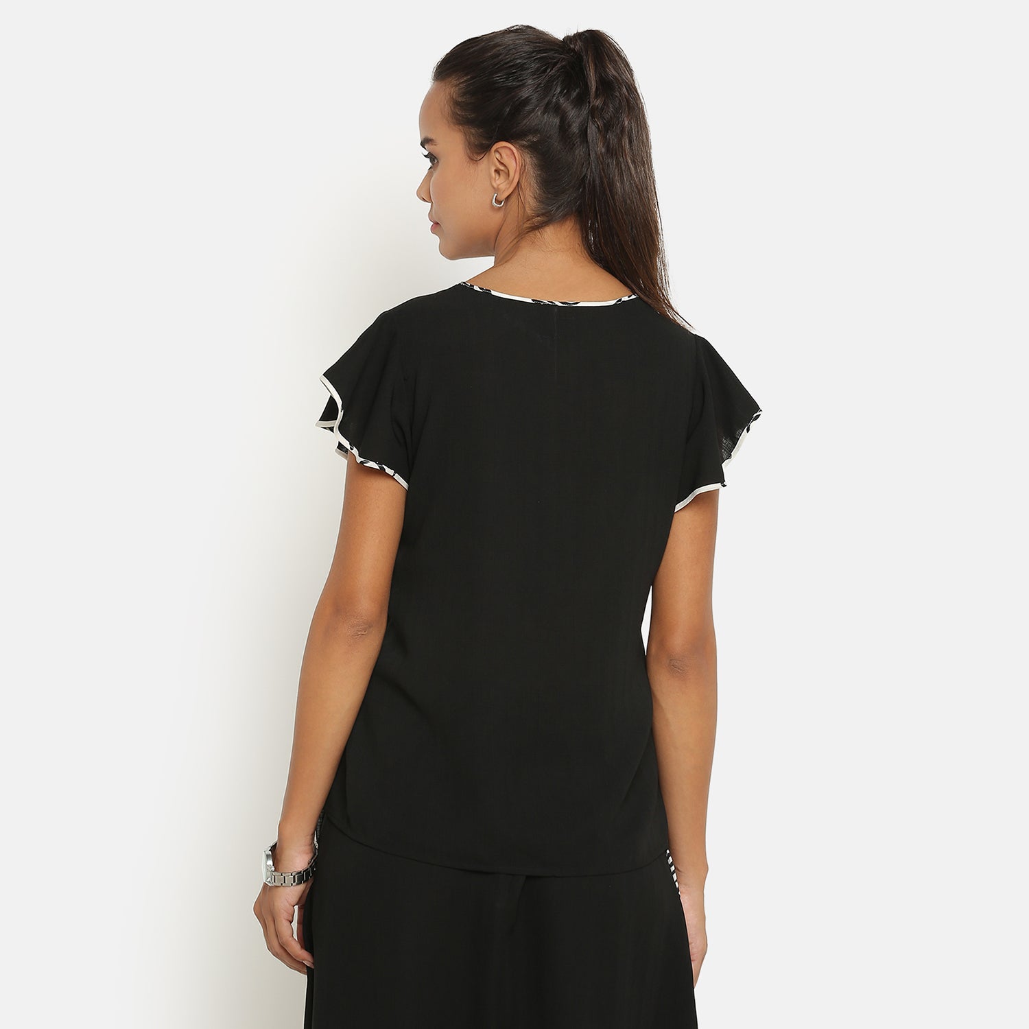 Black Top With Frill on Side Seam With Contrast Pining, formal tops for women
tops for women stylish
office dress for women
stylish tops for women