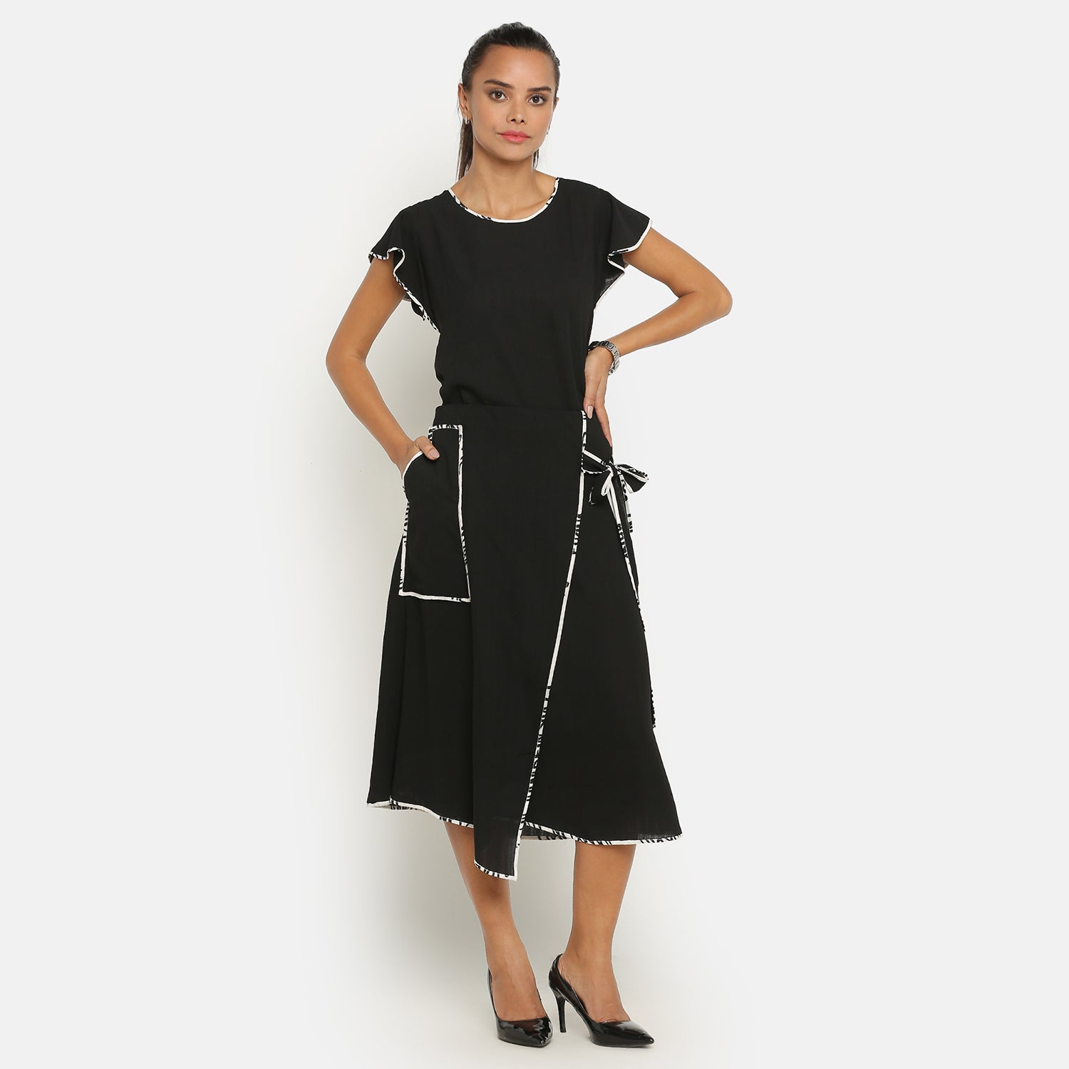 Black Top With Frill on Side Seam With Contrast Pining, formal tops for women
tops for women stylish
office dress for women
stylish tops for women