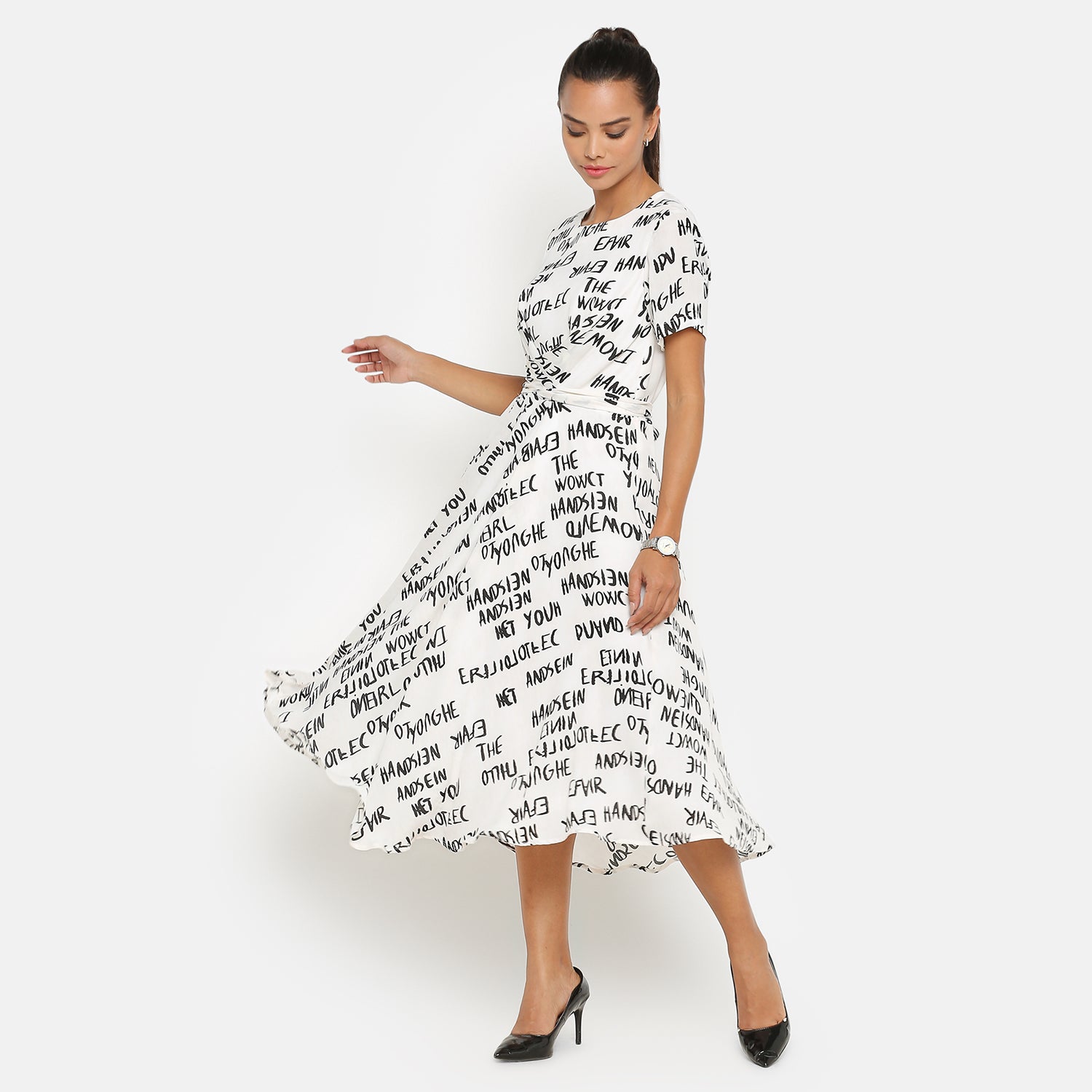 Black & White Printed Dress With Front Tie Knot, dress for women, stylish dress for women, one piece for women dress, office wear women