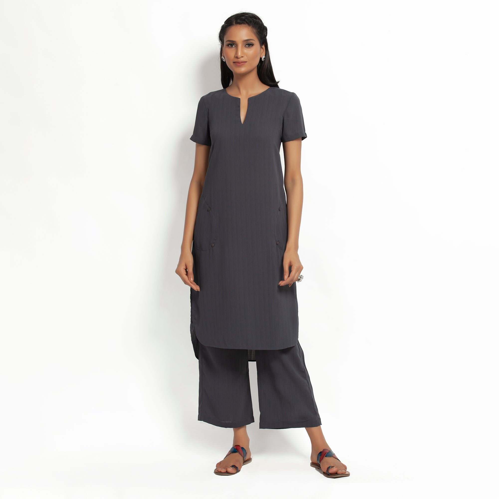 Dark Grey Kurta With Pocket