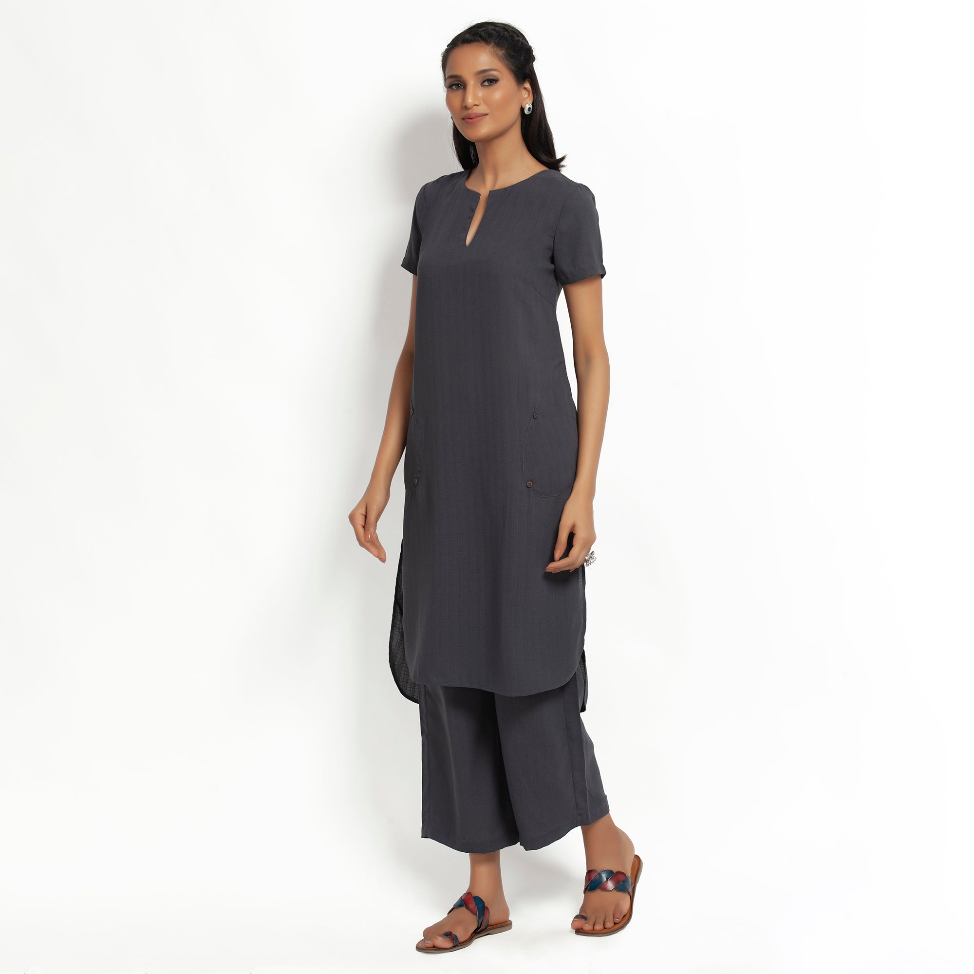 Dark Grey Kurta With Pocket
