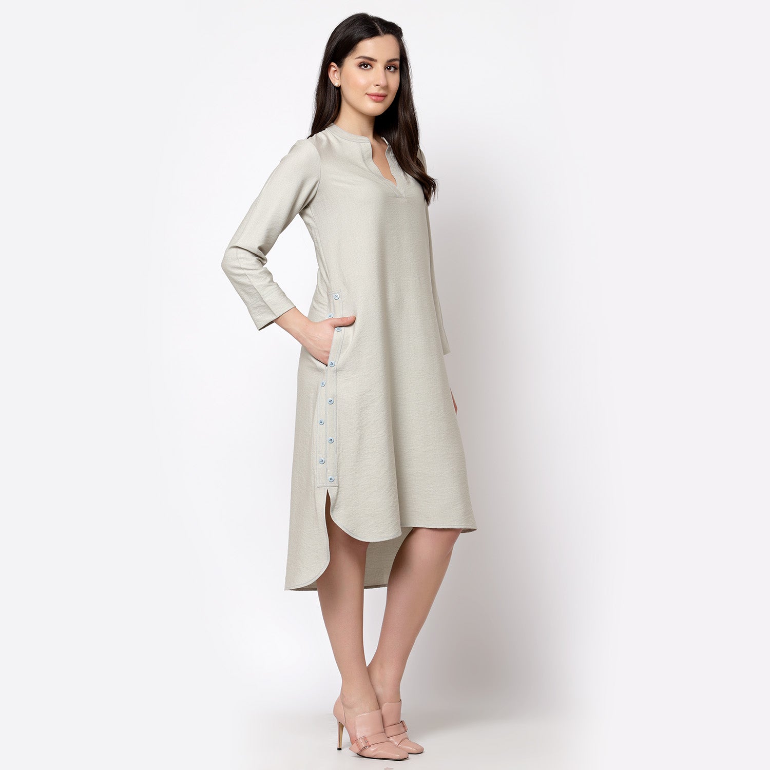 Tunik Gaya Kurta Linen Kelabu Dengan Butang