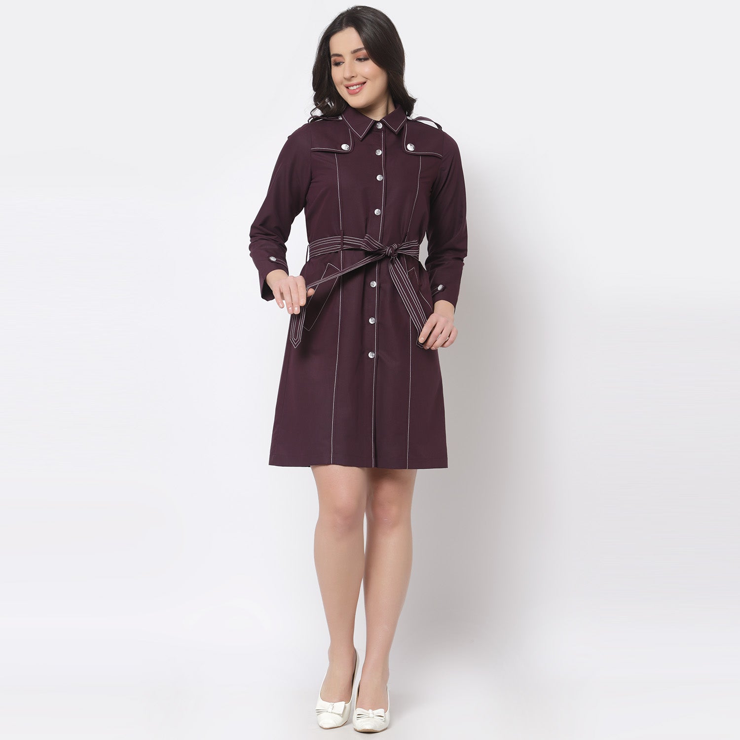 Purple Trench Coat with Belt for Women-2