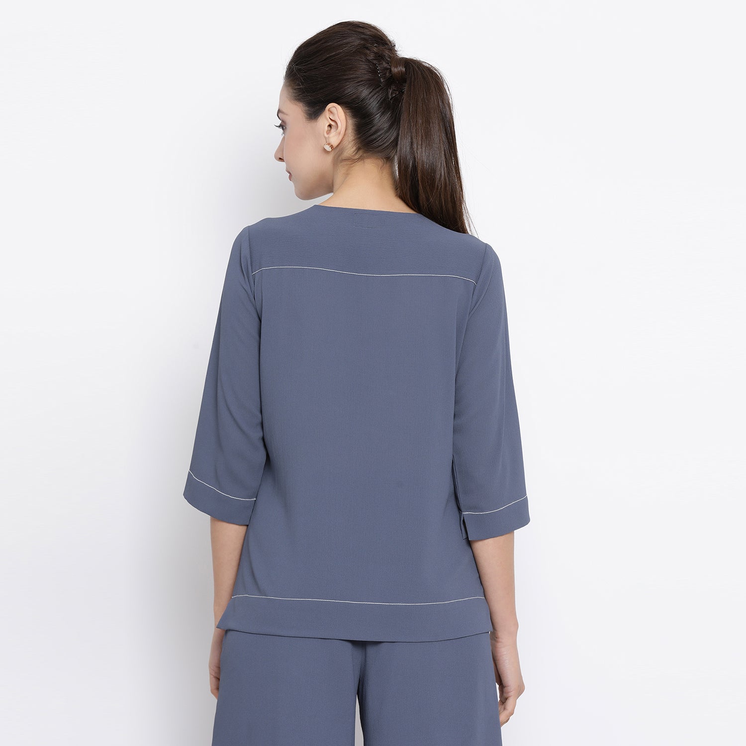 Stone Blue Crepe Office Wear Tops for Ladies-3