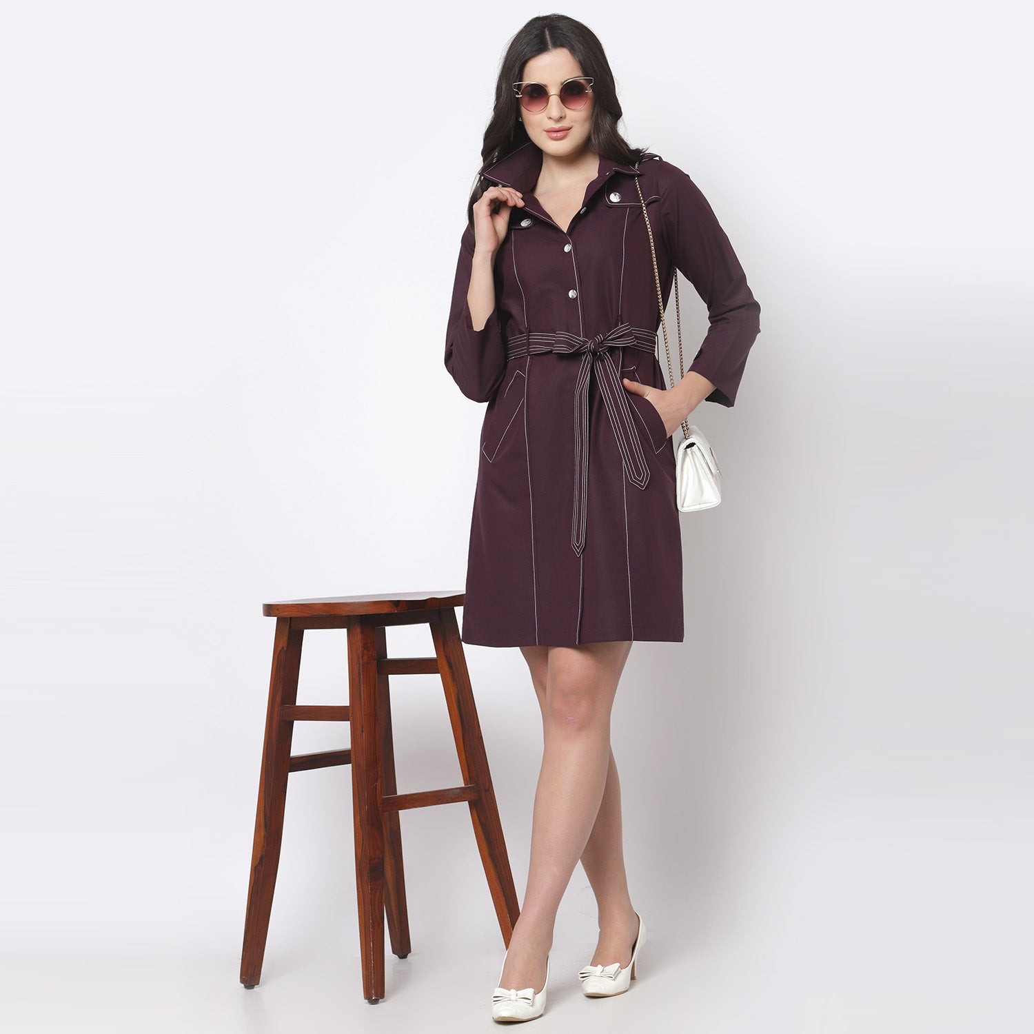 Purple Trench Coat with Belt for Women-1