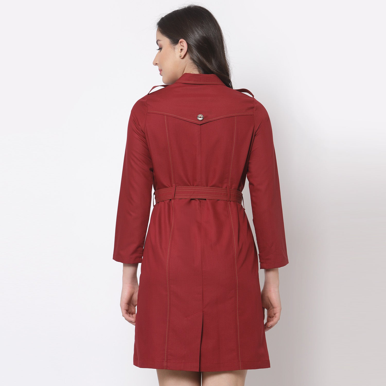 Red Trench Coat with Belt for Women-3