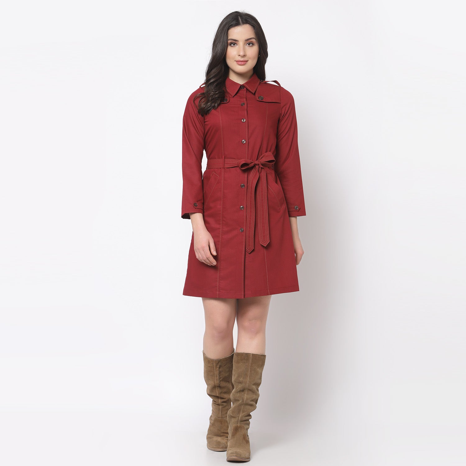 Red Trench Coat with Belt for Women-2