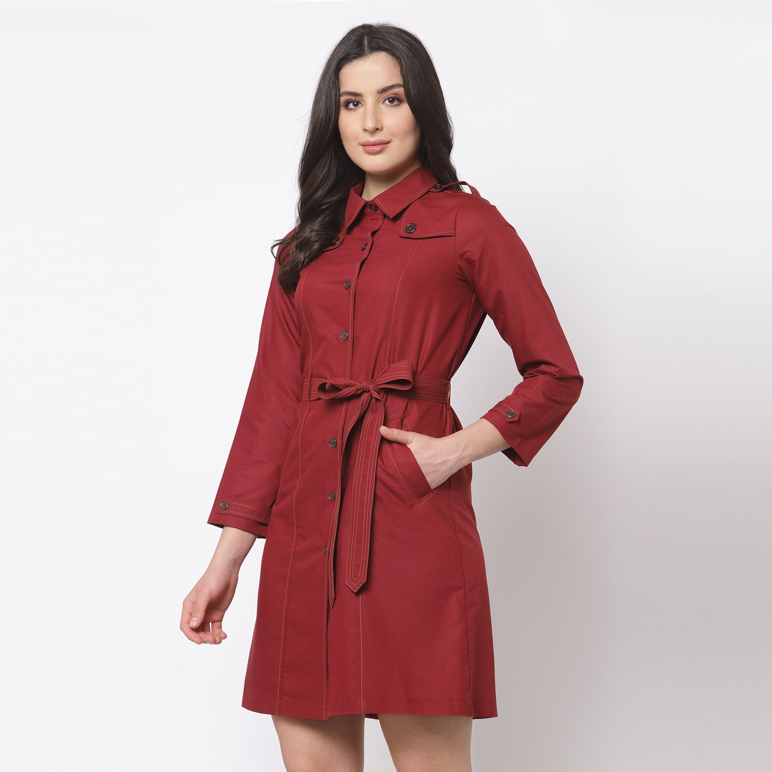 Red Trench Coat with Belt for Women-4