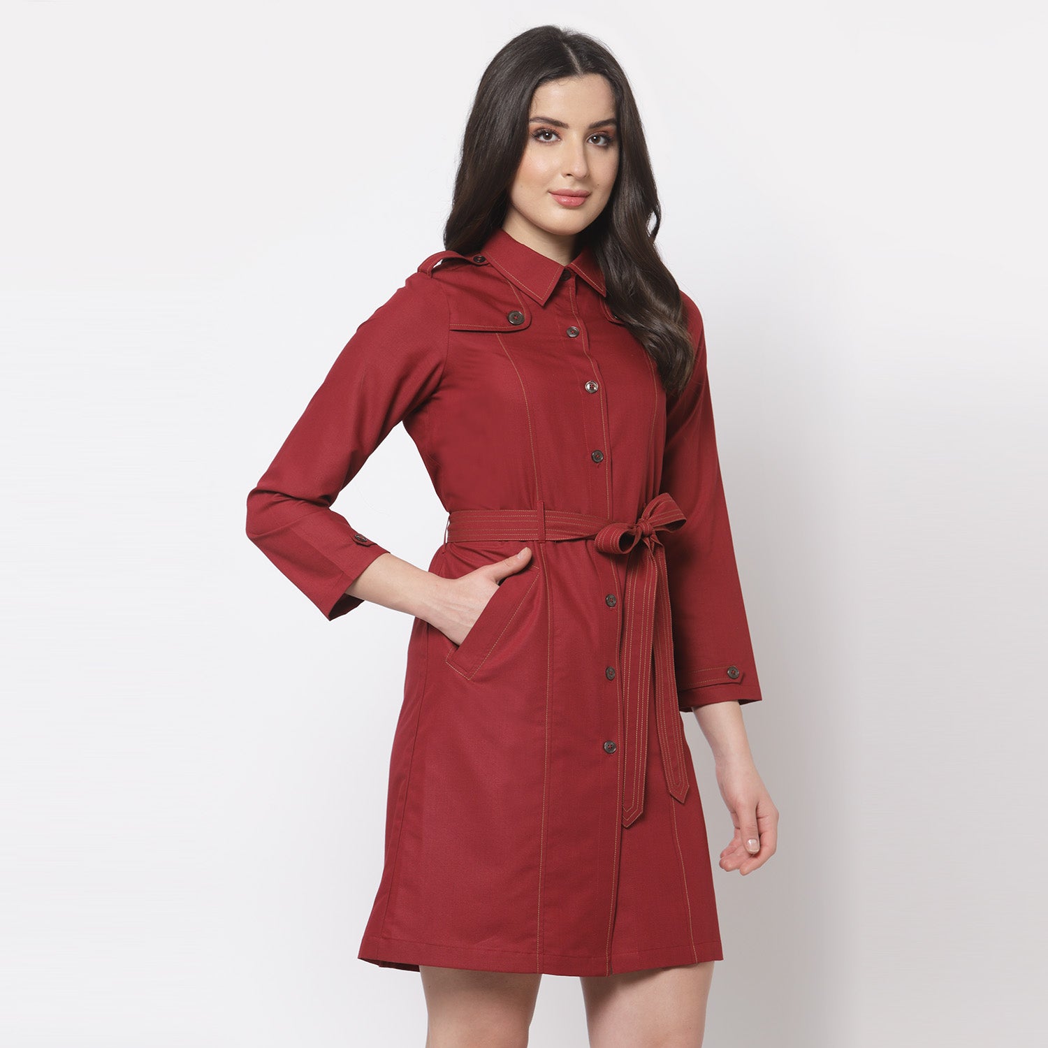 Red Trench Coat with Belt for Women-5