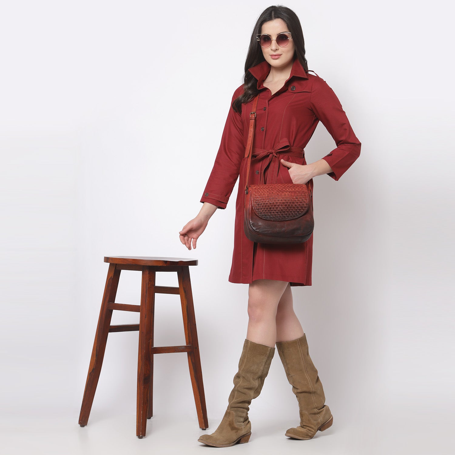 Red Trench Coat with Belt for Women-1