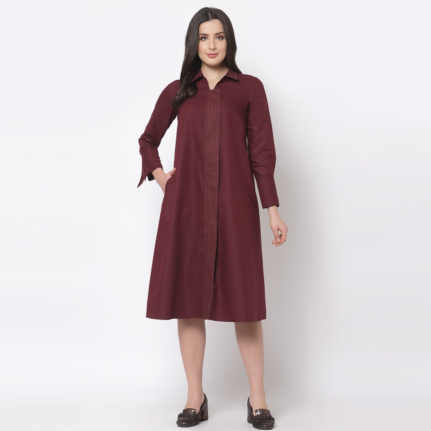 Maroon Dress With Quilting on Flap & Collar