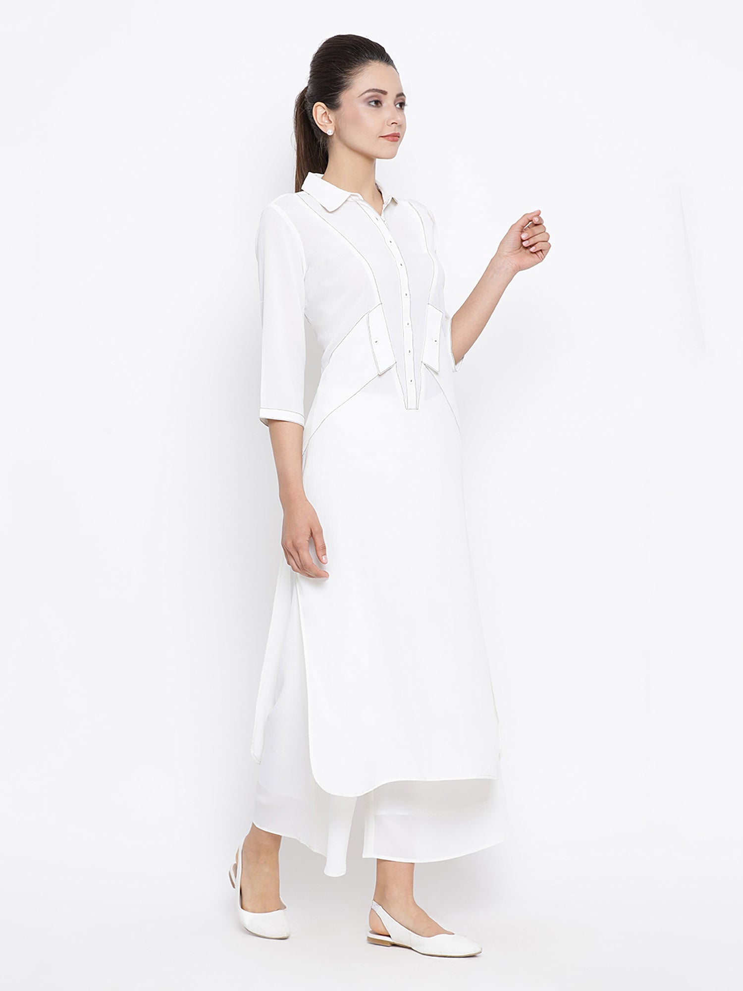 White Kurta with Side Pocket for Women-1