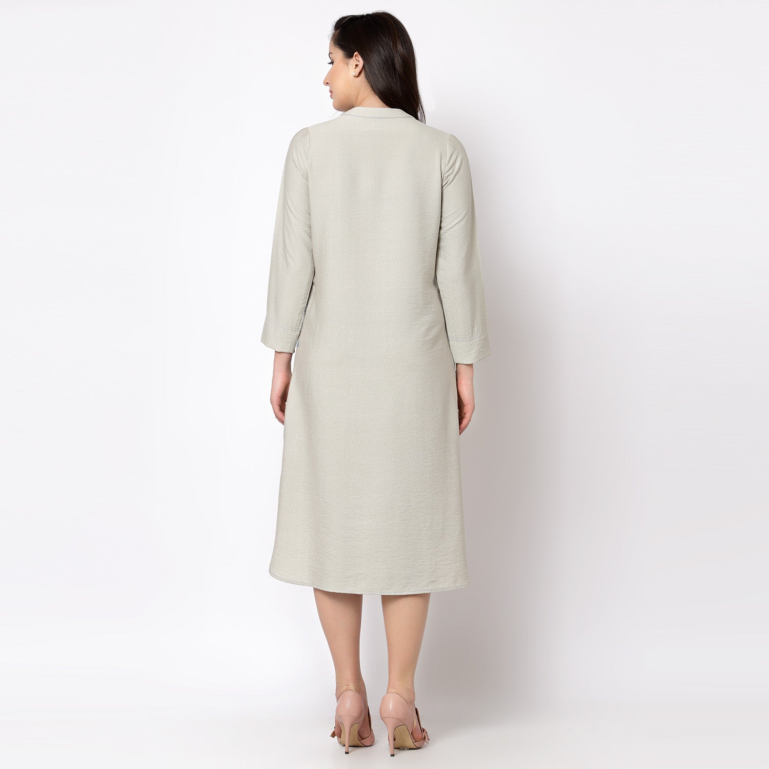 Tunik Gaya Kurta Linen Kelabu Dengan Butang