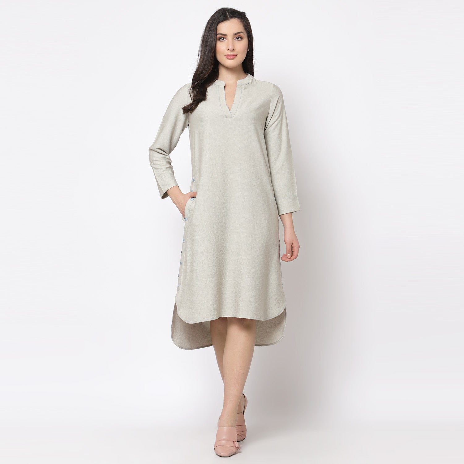 Tunik Gaya Kurta Linen Kelabu Dengan Butang