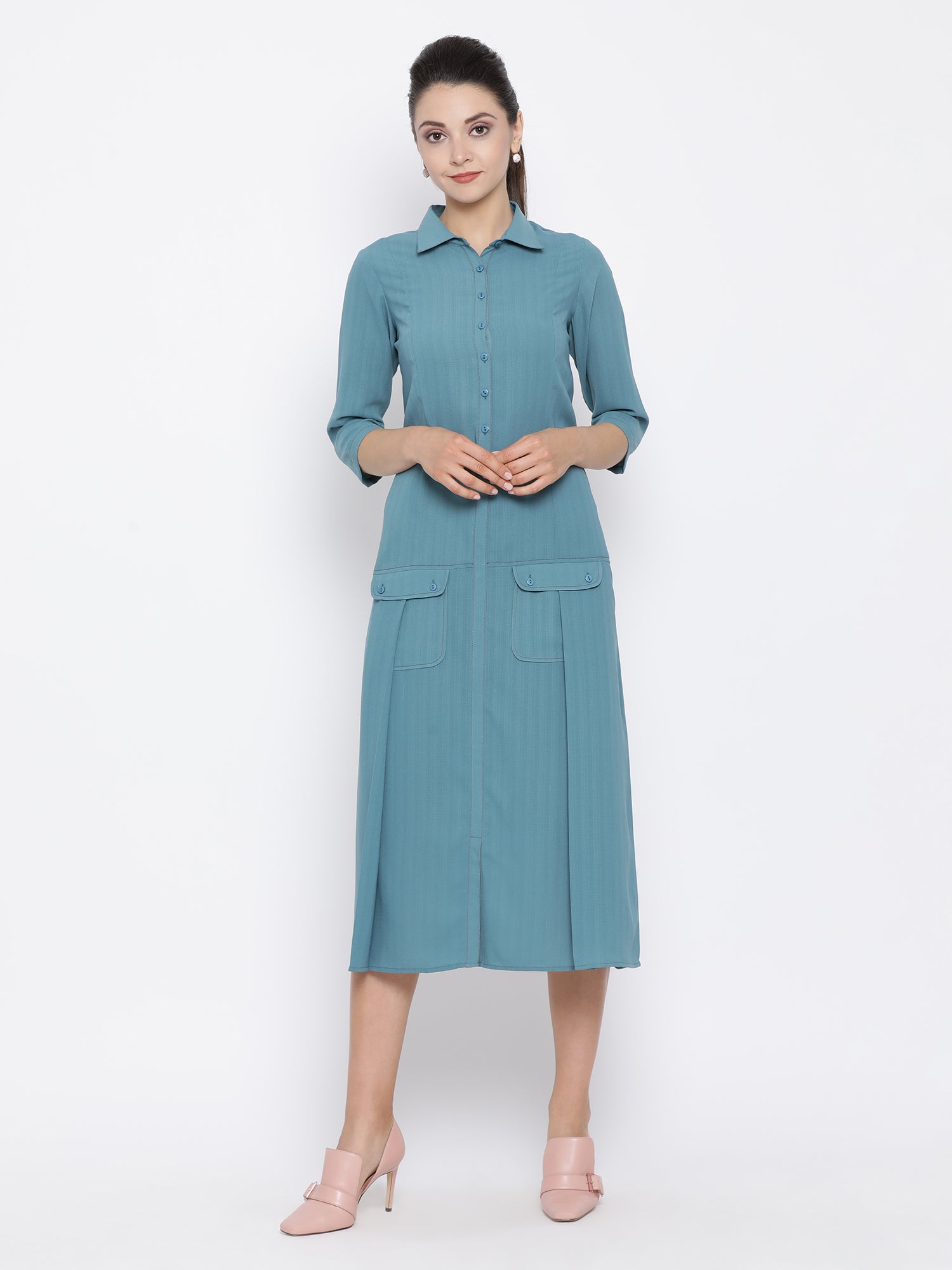Teal Dresses for Women with Flap Pocket